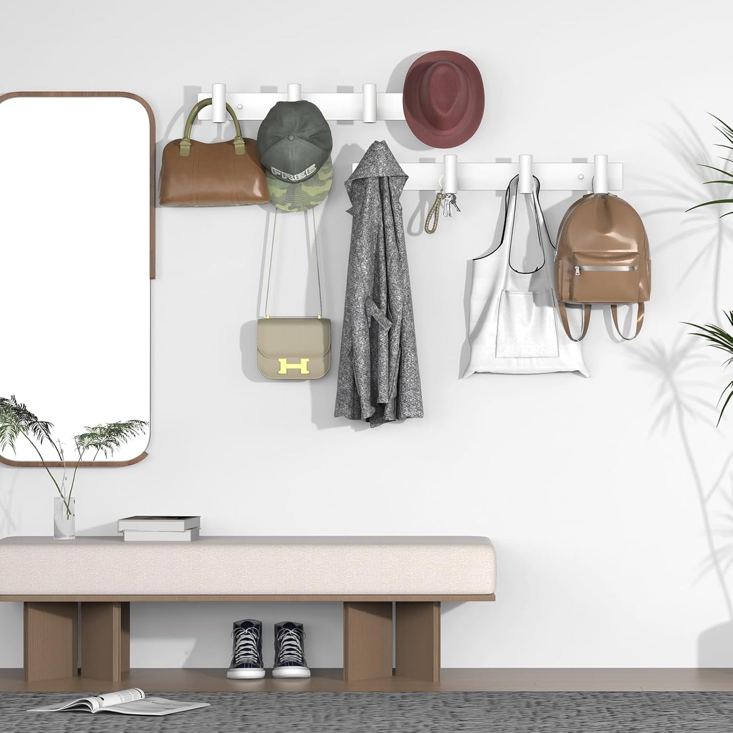 VAEHOLD Hat and Coat Wall Mount Rack - Hooks for Robes, Bags, Keys, and Towels - Bathroom Towel Hanger Organizer (White, “T“ Shape 4 Hooks 1 Pack)