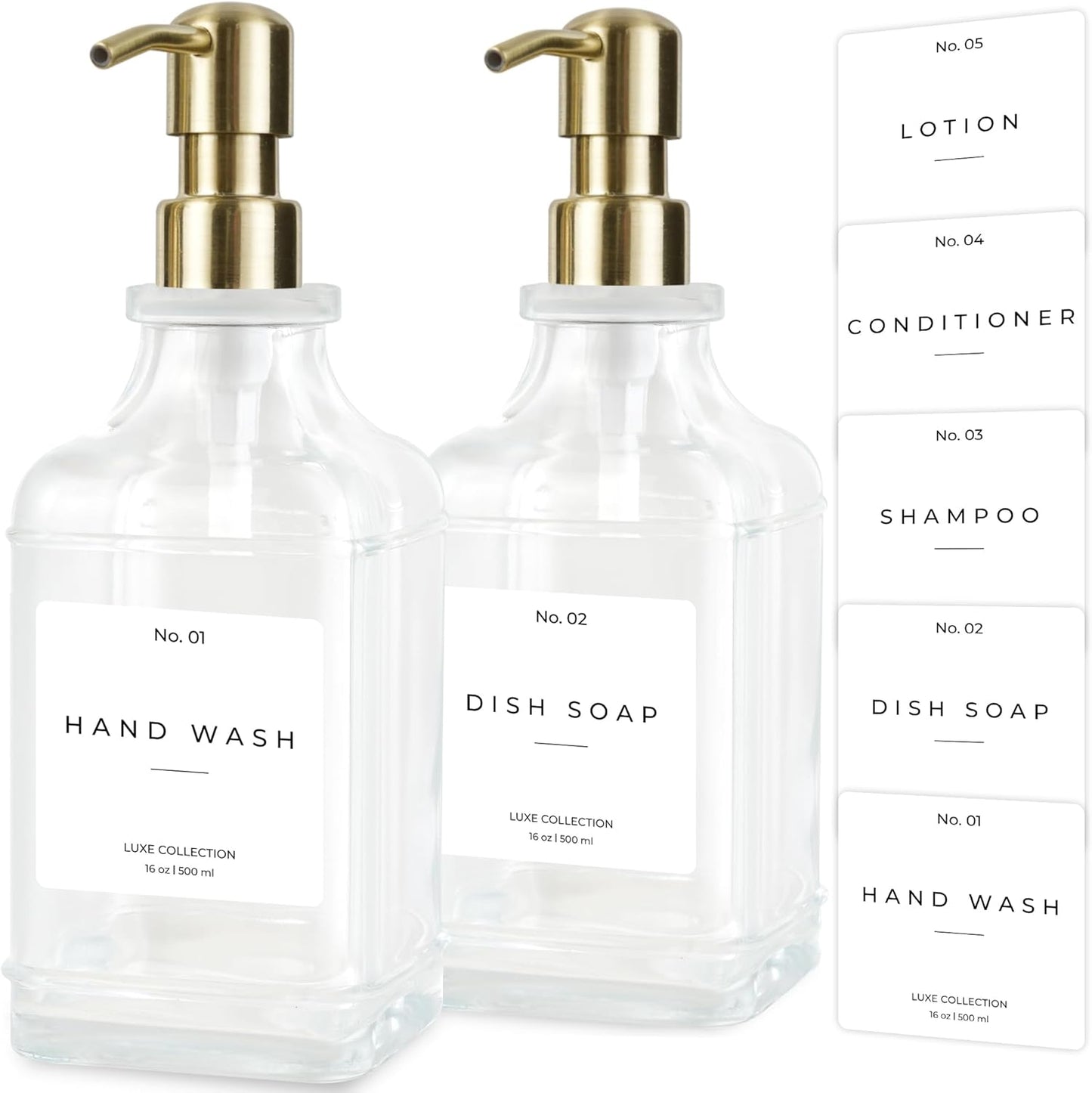 Emerson Essentials Soap Dispenser, Dish Soap Dispenser, Soap Bottle Set, Hand Soap Dispenser, Kitchen Soap Dispenser Set, Glass Soap Dispenser with Pump and Labels, 16 Oz, 2 Pack, Farmhouse