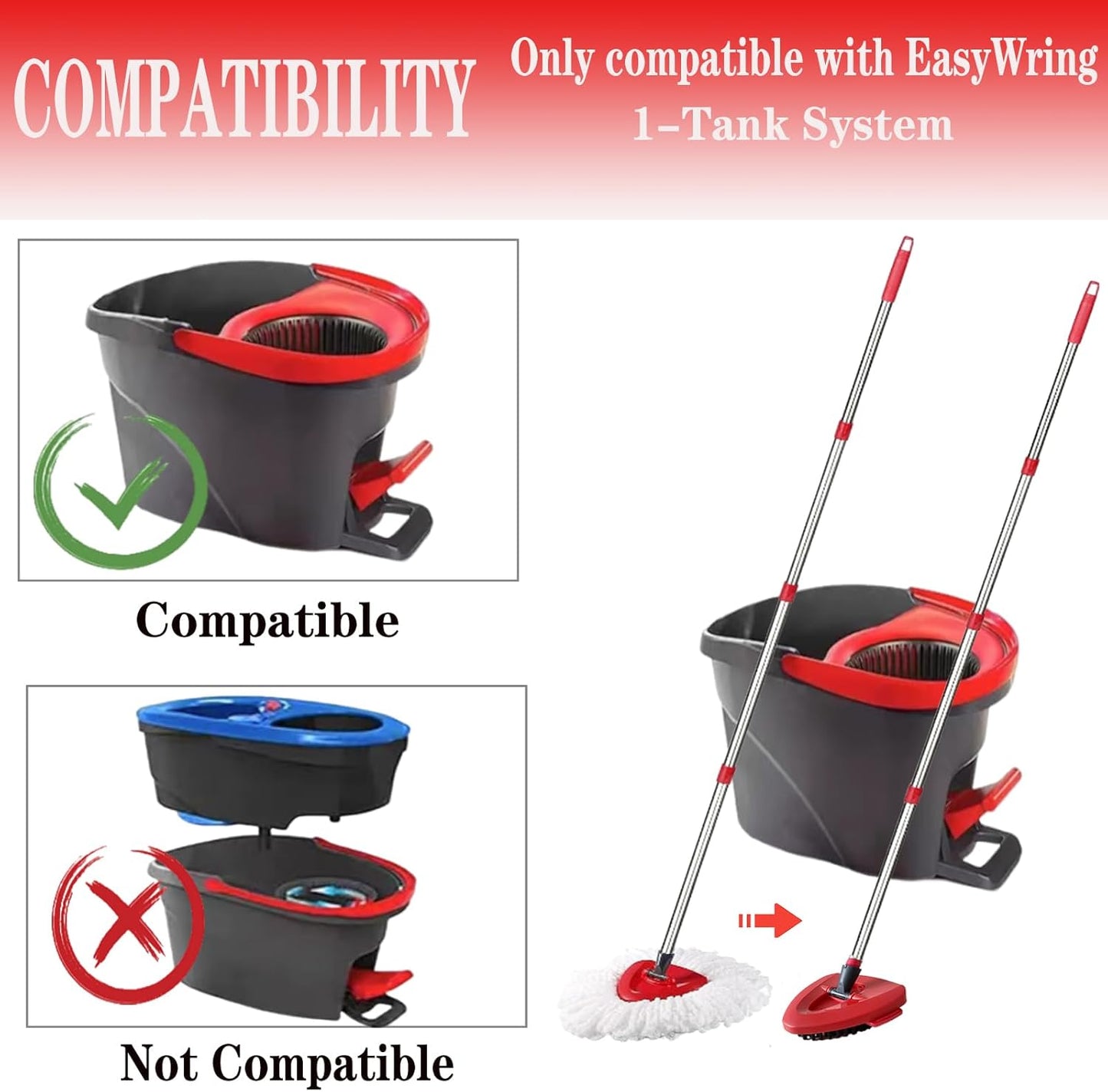 Spin Mop Replacement Head Mop Replace Head Compatible with O Cedar EasyWring Spin Mop - 4 O-Ceda Mop Refills、30-58in Mop Handle and 1 Mop Base and 1 Mop Base Scrub Brush Combo Set