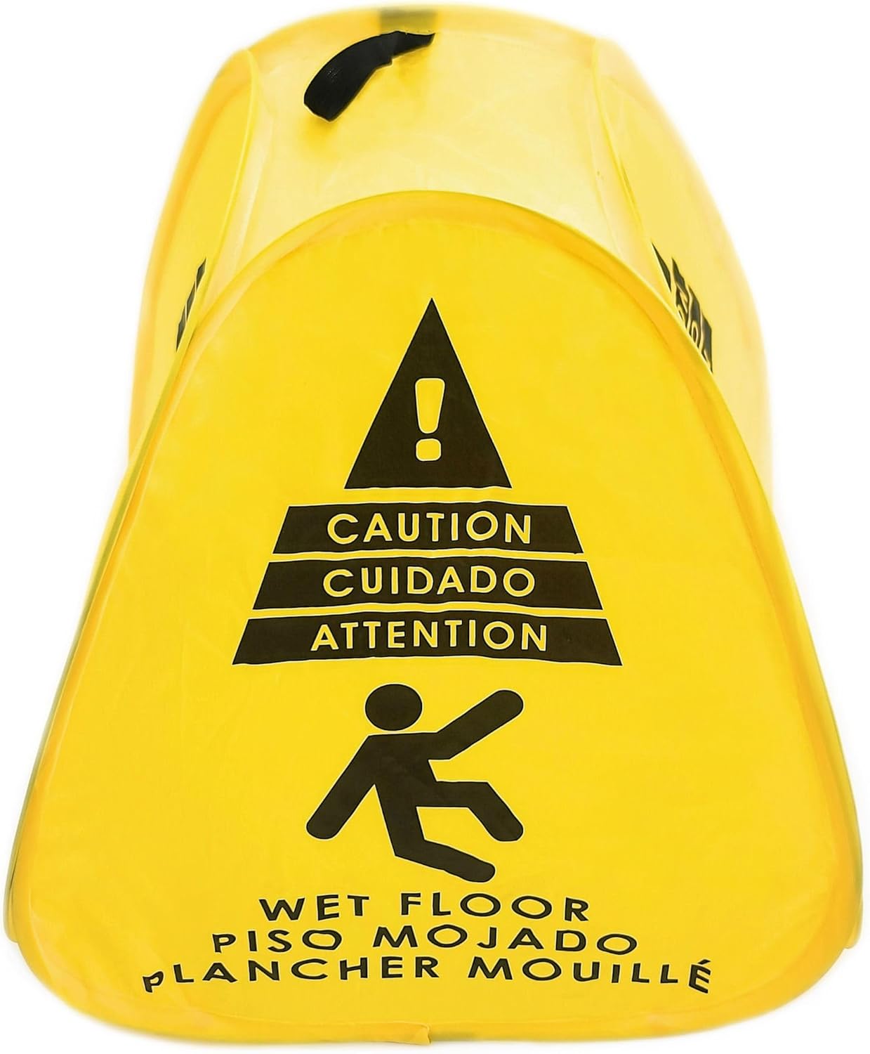 Kraken Sign Co - Pop-up Sign, Yellow 4-Sided Bilingual Trilingual English/Spanish/French Warning, Pop-up Caution Wet Floor Sign 16 inch for Restaurant, Commercial and Industrial Safety. Foldable, Portable, Durable