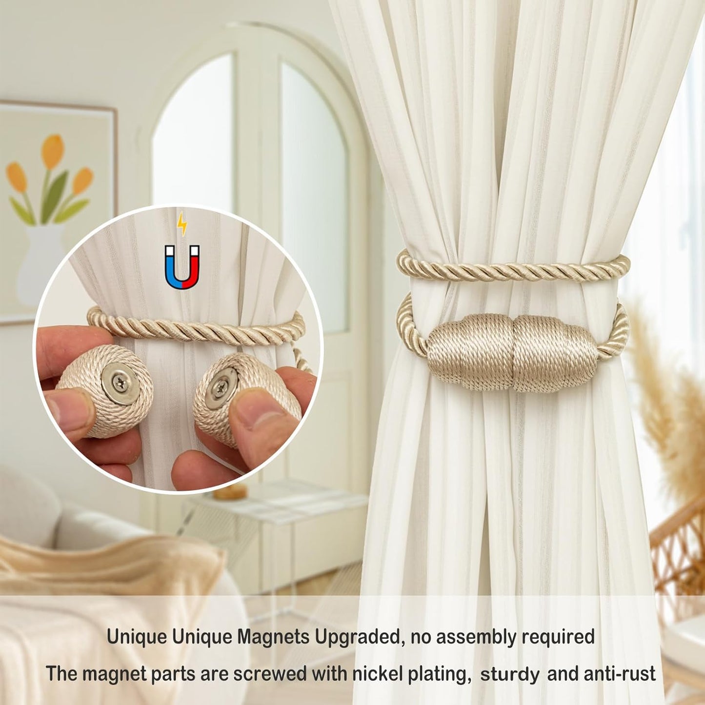 Magnetic Curtain Tiebacks Rope Curtain Tie Backs for Curtains 8 Pack Curtain Holders for Drapes Decorative Window Curtain Holdbacks, Beige