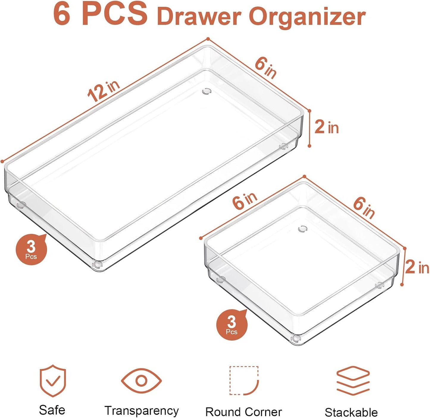 SMARTAKE 6 PCS Clear Plastic Drawer Organizers Set, Large Size Non-Slip Desk Drawer Organizer, 2-Size Versatile Bathroom and Vanity Drawer Organizer Trays for Makeup, Bedroom, Office, Kitchen Utensils