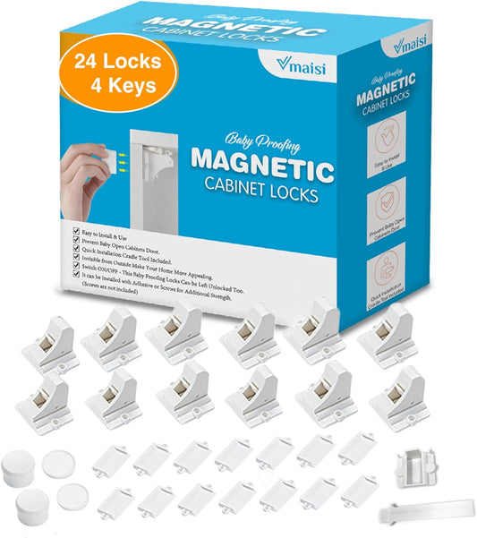 Vmaisi Adhesive Magnetic Locks for Cabinets & Drawers (24 Pack and 4 Keys + Cradle)