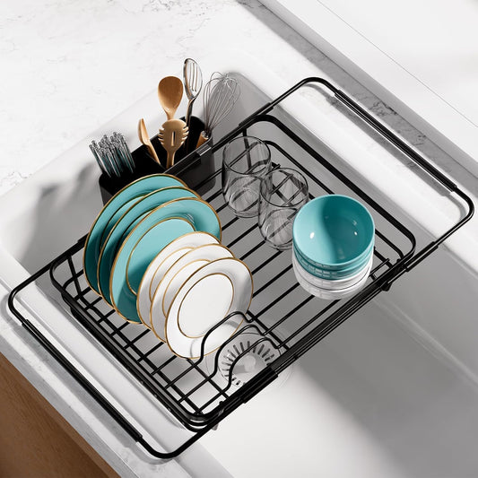 Stainless Steel Dish Drying Rack for Kitchen Counter, Sink Organization and Storage Essentials with Silverware & Utensil Holder, Home and Apartment Decor, 12" W x 15.8~23" L, Black