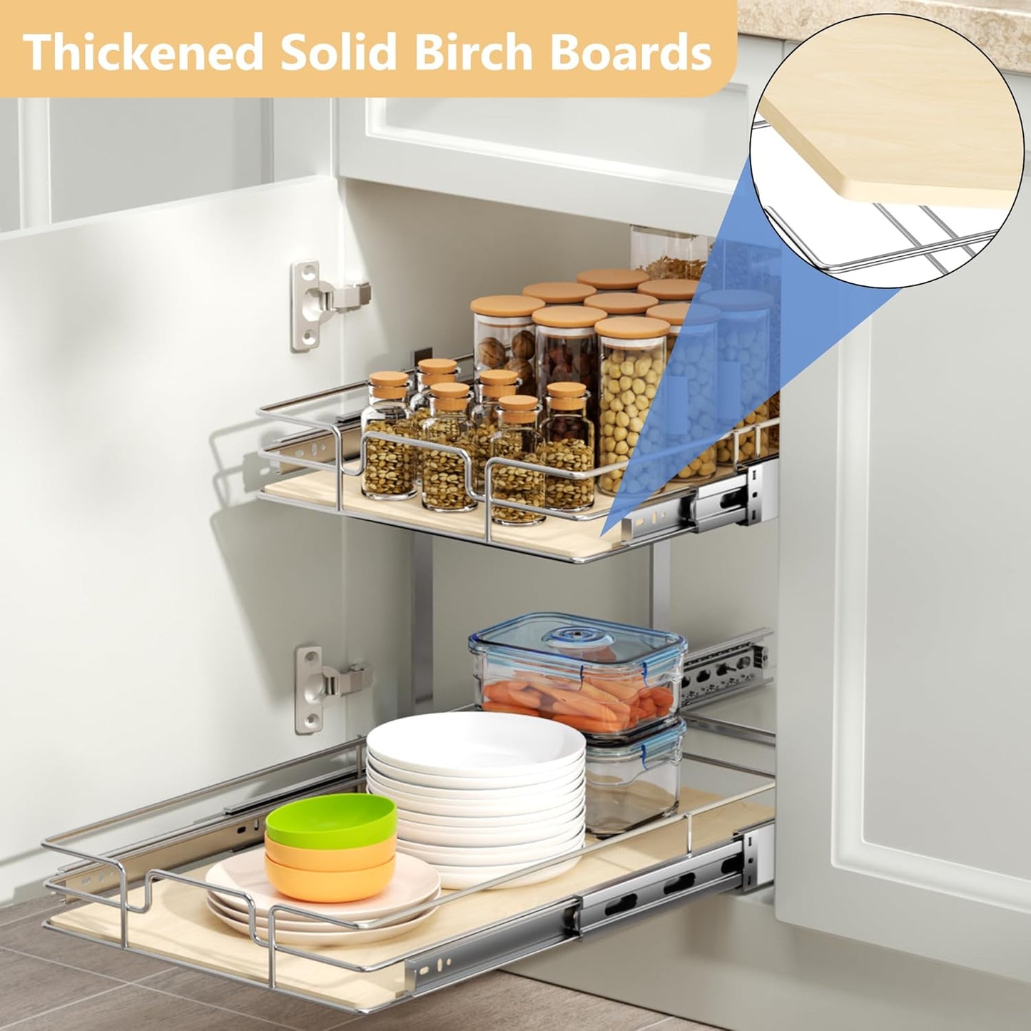 ROOMTEC 2 Tier Individual Pull Out Cabinet Organizer 16½"W x 21½"D, Slide Out Wood Shelves Organizers, Pull Out Drawers Organization and Storage for Kitchen Cabinet