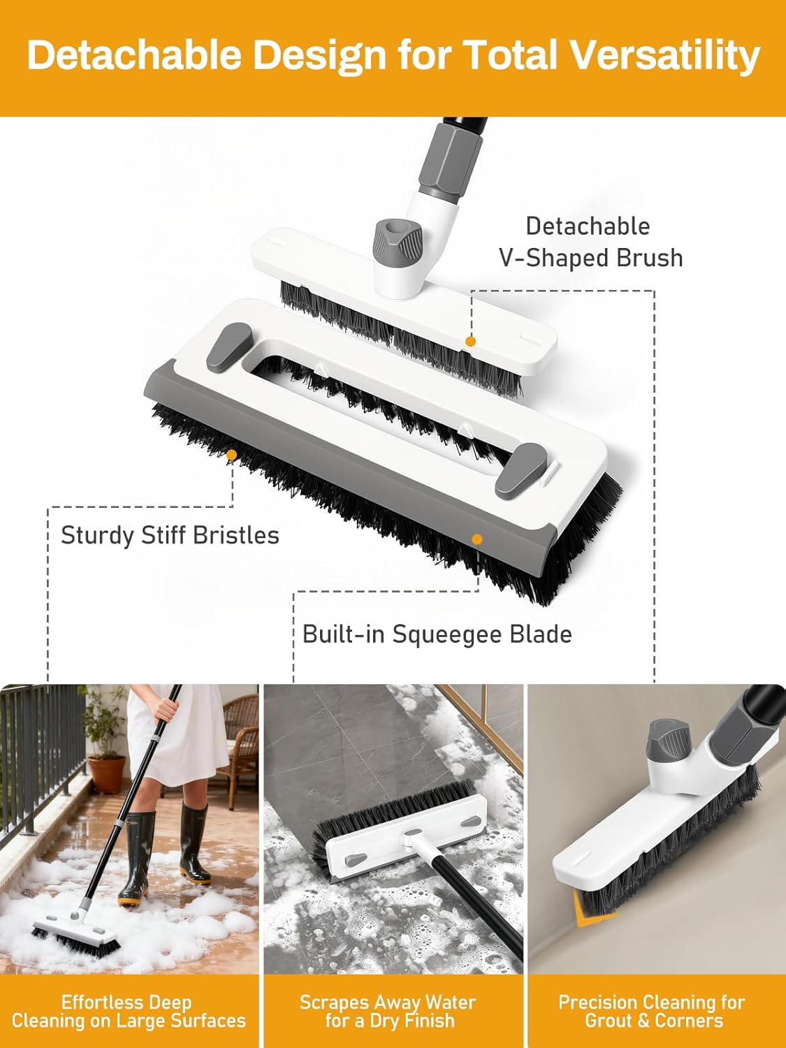 3 in 1 Floor Scrub Brush with Long Handle 55" Push Broom Stiff Bristle Scrubber Brush Squeegee Scrape & Detachable V-Grout Brush for Bathroom Kitchen Tile Deck Patio Garage Concrete Wall Cleaning Tool