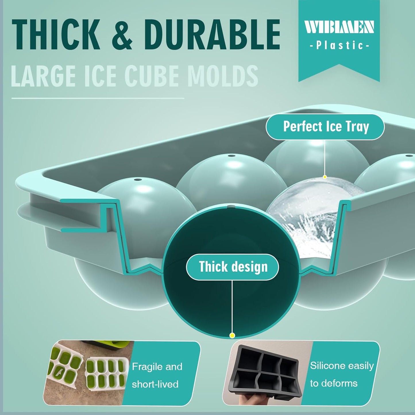 WIBIMEN Large Ice Cube Molds, Big Round Whiskey Ice Cube Trays for Freezer, Easy to Fill & Release, Whiskey Bourbon Cocktail(2.5In*6 Balls- Blue/2 Pack)