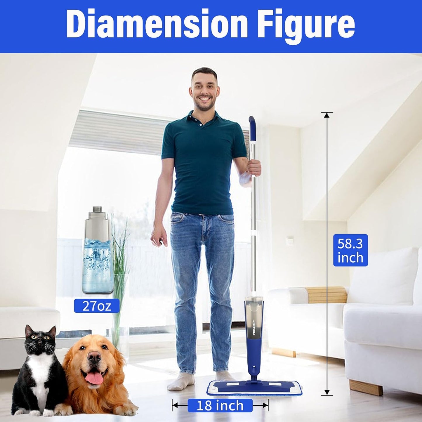 Mop for Multi-Purpose Floor Premium Spray Mop, 18 inch Professional Hardwood Wet and Dry Cleaning Mops with 3 Resuable Pads and Refilled Bottle, Blue