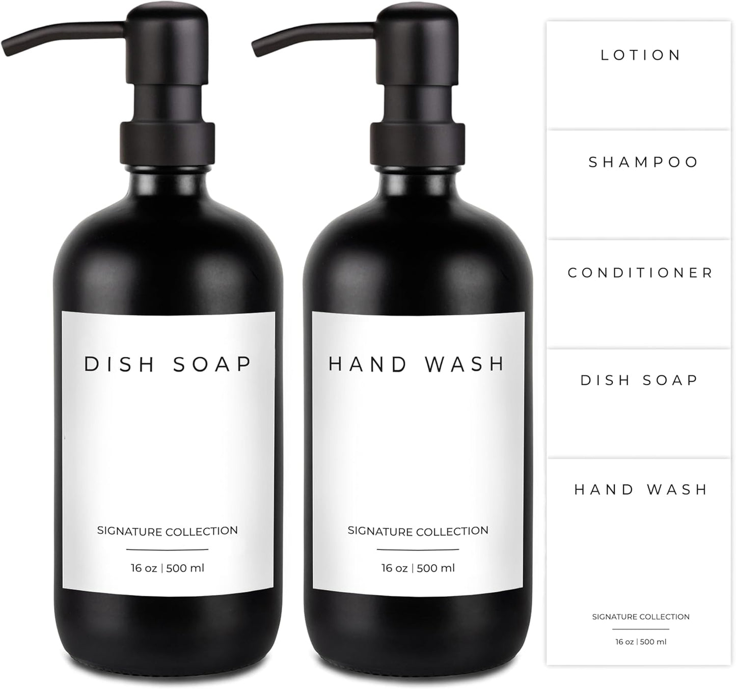 Emerson Essentials Soap Dispenser Set, Dish Soap for Kitchen, Bathroom Set - Hands and Dishes for Home, Farmhouse, Glass Soap Dispenser with Pump and Labels | 16 Oz, 2 Pack