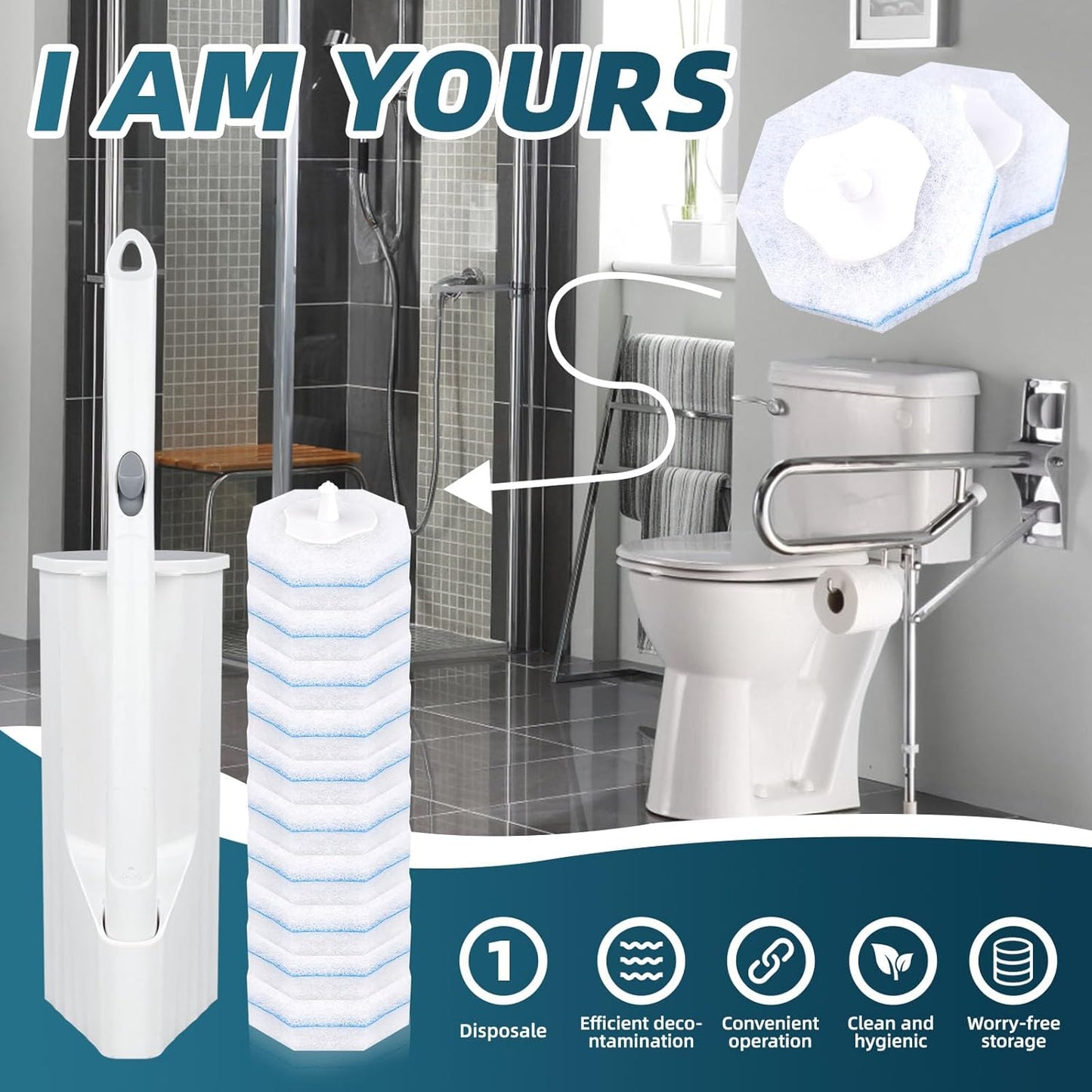 RLOW Disposable Toilet Brush Set with 20 Refills, Toilet Bowl Brush and Holder Disposable Toilet Cleaning System- Toilet Brush, Storage Caddy and 20 Refill Heads for Bathroom Cleaning