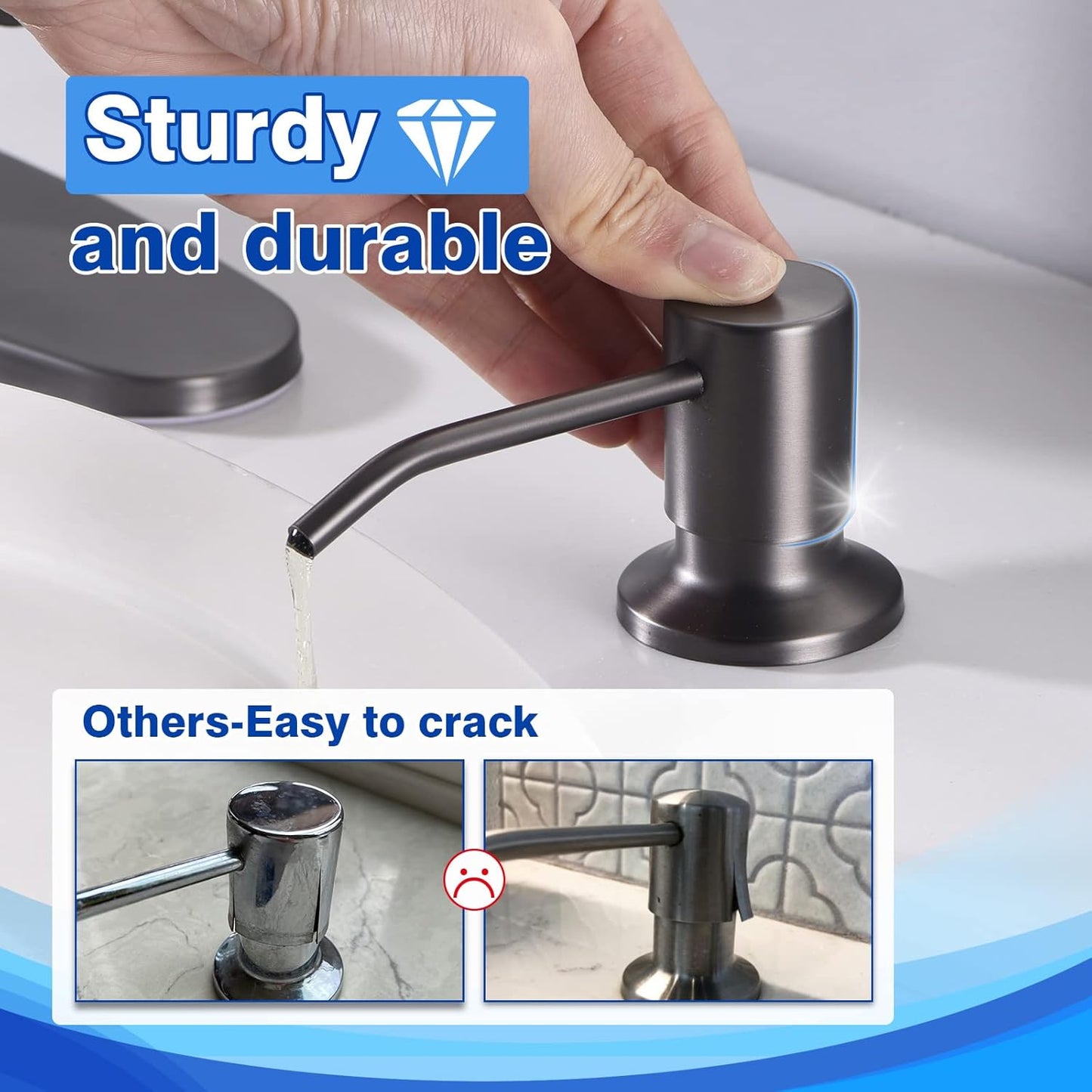 WEWE in Counter Soap Dispenser for Sink, Kitchen Faucet Soap Dispenser Kitchen Sink Matte Gray Black Stainless Steel Under Counter for Dish Detergent Liquid Sink