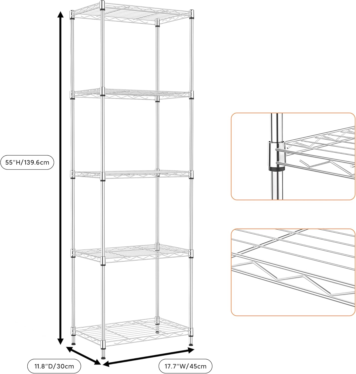 5 Tiers Shelf Metal Storage Shelves Wire Rack Closet Organizers with Wheel for Garage Kitchen Bathroom Laundry Chrome 11.8" D x 17.7" W x 55" H