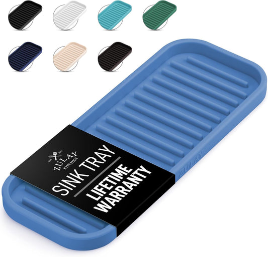 Zulay Kitchen (9x3.5) Silicone Sponge Holder for Kitchen Sink - Flexible Multipurpose Soap Tray Sponge Holder - Sink Organizer Tray for, Bathroom, Makeup, Trinkets & More (Provence Blue)