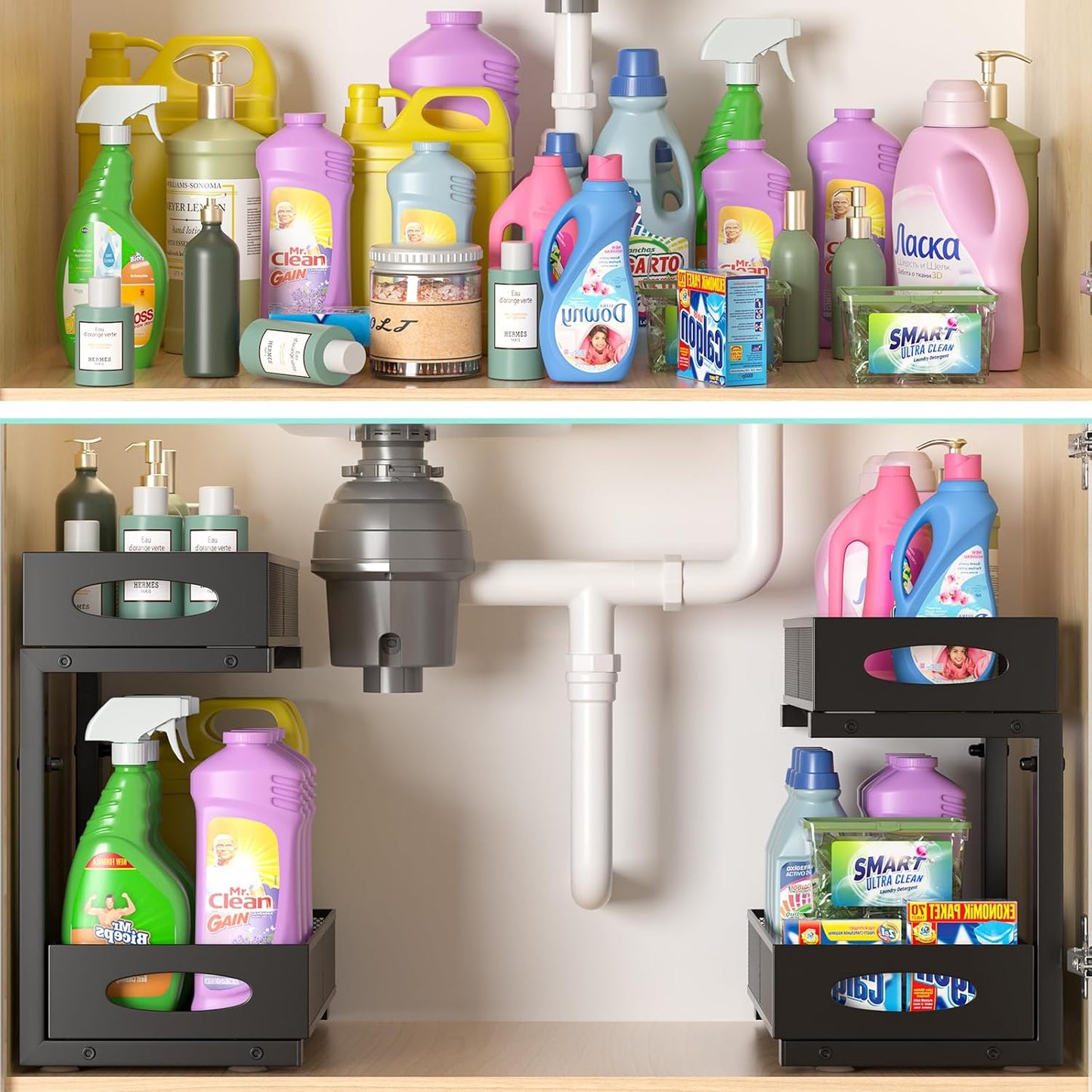 Under Sink Organizer, 1-Pack of 2-Tier Metal Slide Out Pull Out Cabinet Organizer Shelf, Height Adjustable Organization and Storage Series, Bathroom/Desktop/Cabinet/Kitchen organization, Black