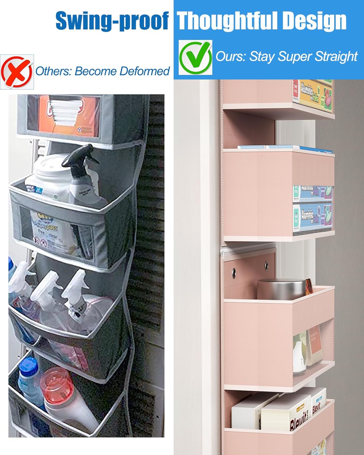 Closet Organizers and Storage, Over The Door Organizer, 6 Shelf Camper Storage, Behind The Door Storage Organizer, Wall Mount Back of Door Hanging Organizers (Pink)