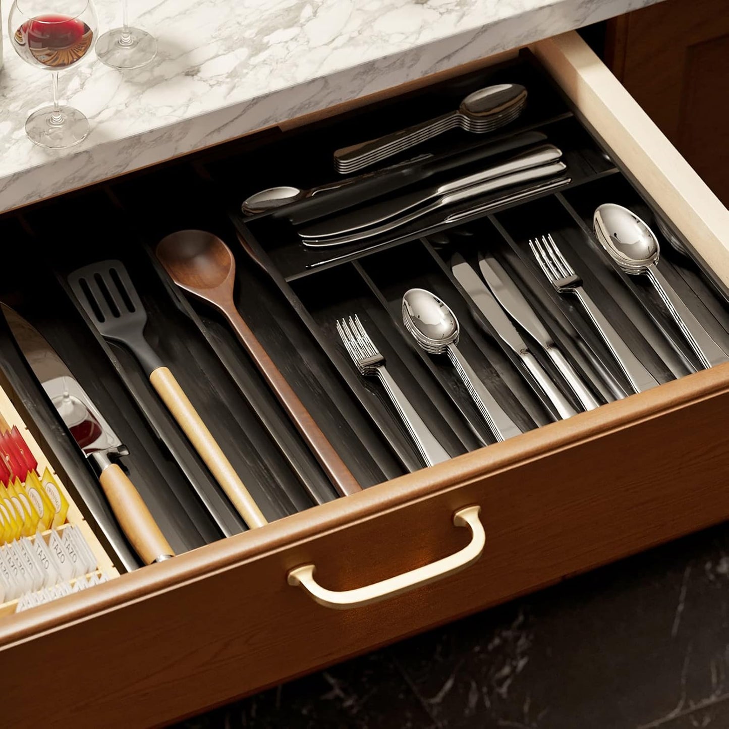 SpaceAid Bamboo Silverware Drawer Organizer with Labels, Kitchen Utensil Expandable Tray Holder Organizer for Flatware, Cutlery, Spoon and Knives Drawer Storage Organization (Black, 10 Slots)