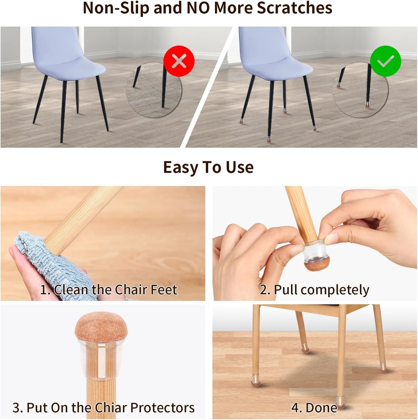 Ezprotekt 24 Pcs Small Clear Silicone Chair Leg Floor Protectors for Hardwood Floors, Chair Leg Caps Covers, Floor Protectors for Chair, Bar Stool Leg Protectors Round (S Fit: 3/5" to 3/4", 15-19mm)