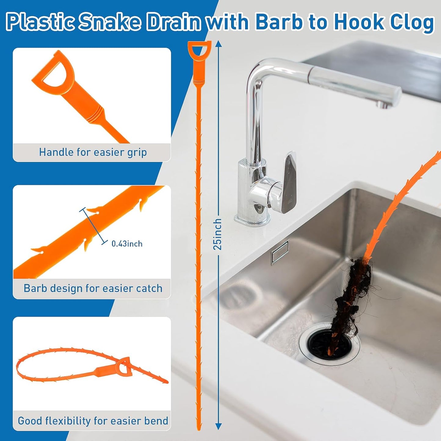 12 Pack Drain Clog Remover Kit, 59" Drain Snake(3pcs), 37" Steel Sink Snake(2pcs), 25" Snake Drain Hair Removal Tool(4pcs), 24" Drain Cleaner Tool(1pc), 18" Drain Brush(2pcs) for Sink, Toilet, Shower