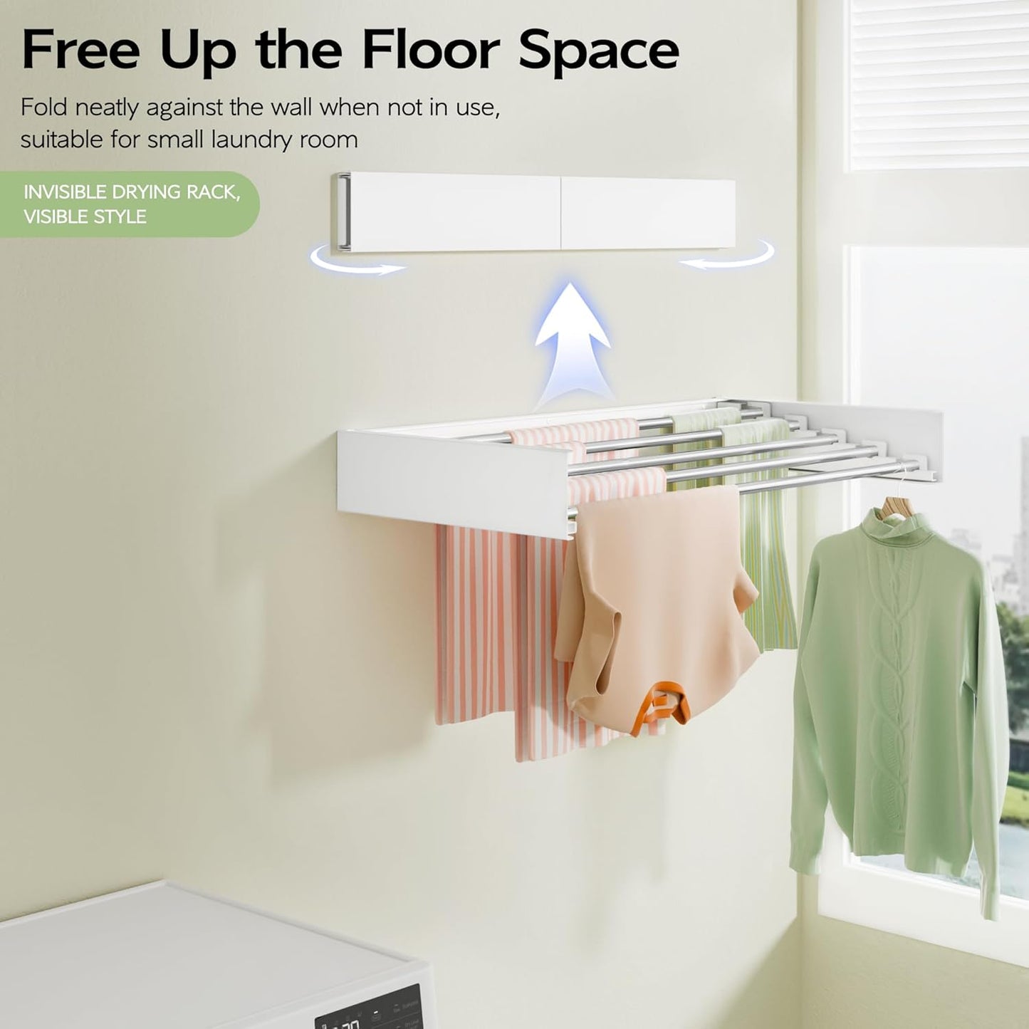 Wall Mounted Clothes Drying Rack 32", Foldable Wall Mount Laundry Rack Folding Indoor, Drying Rack Clothing Collapsible, Hidden Space Saver with Wall Template, 5 Rods, White