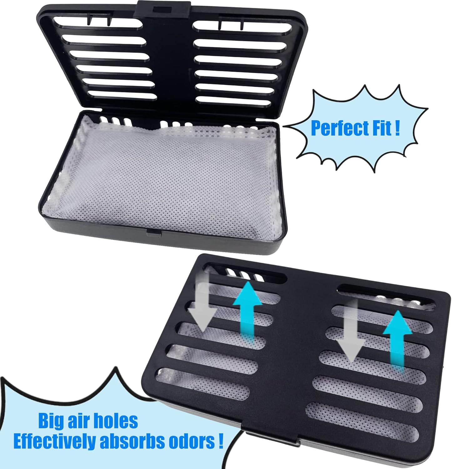 Activated Charcoal Odor Absorbing Filter Refill Deodorizer Compatible with iTouchless Trash Cans 8 Gallon and Larger (4 Large Filters+ 1 Compartment) (Black)