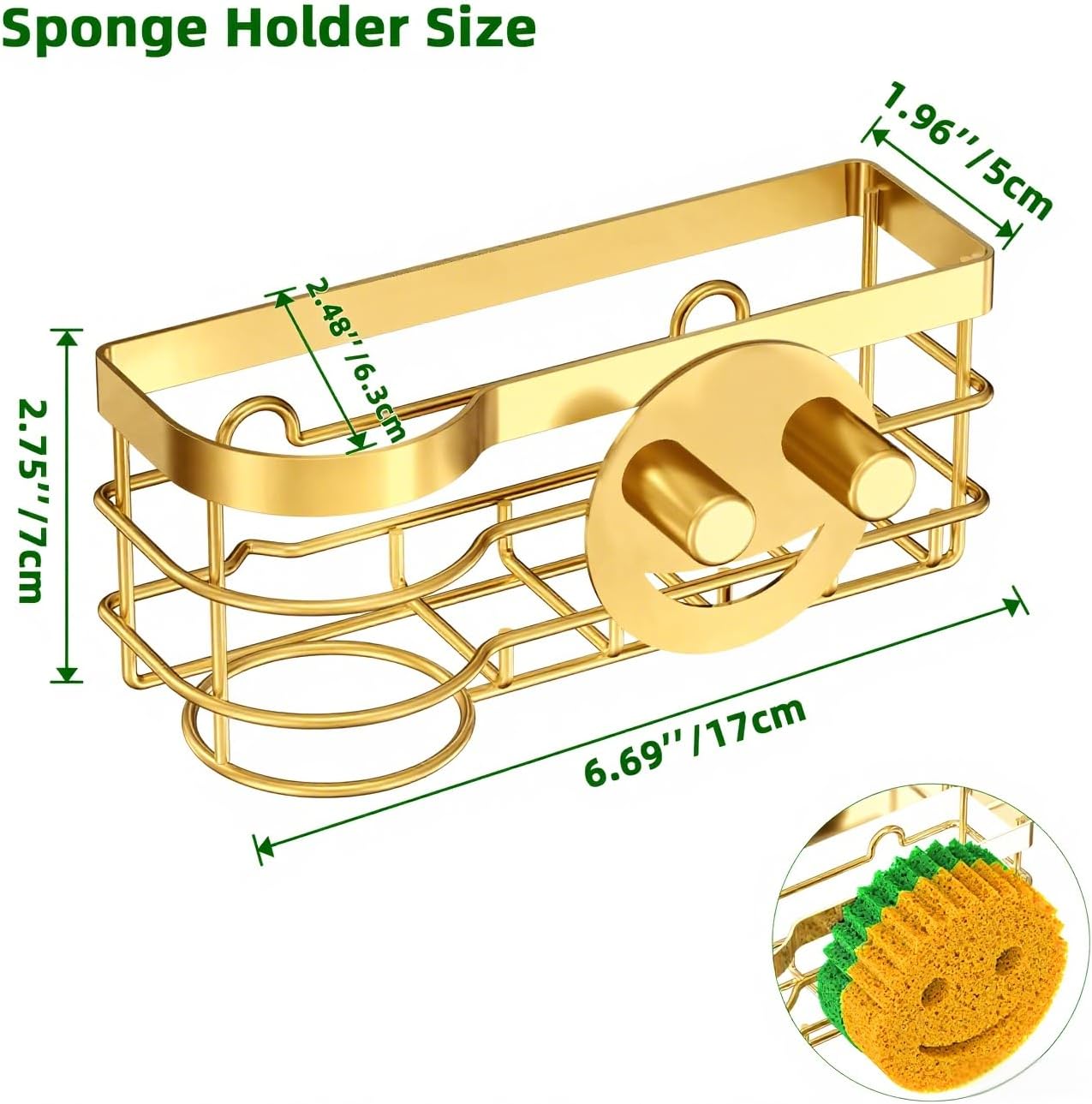 Cisily Gold Smiley Sponge Holder for Kitchen Sink Caddy, Stainless Steel Movable Brush Holder Dish Cloth Hanger, Suction Cup Sink Organizer Scrubbe