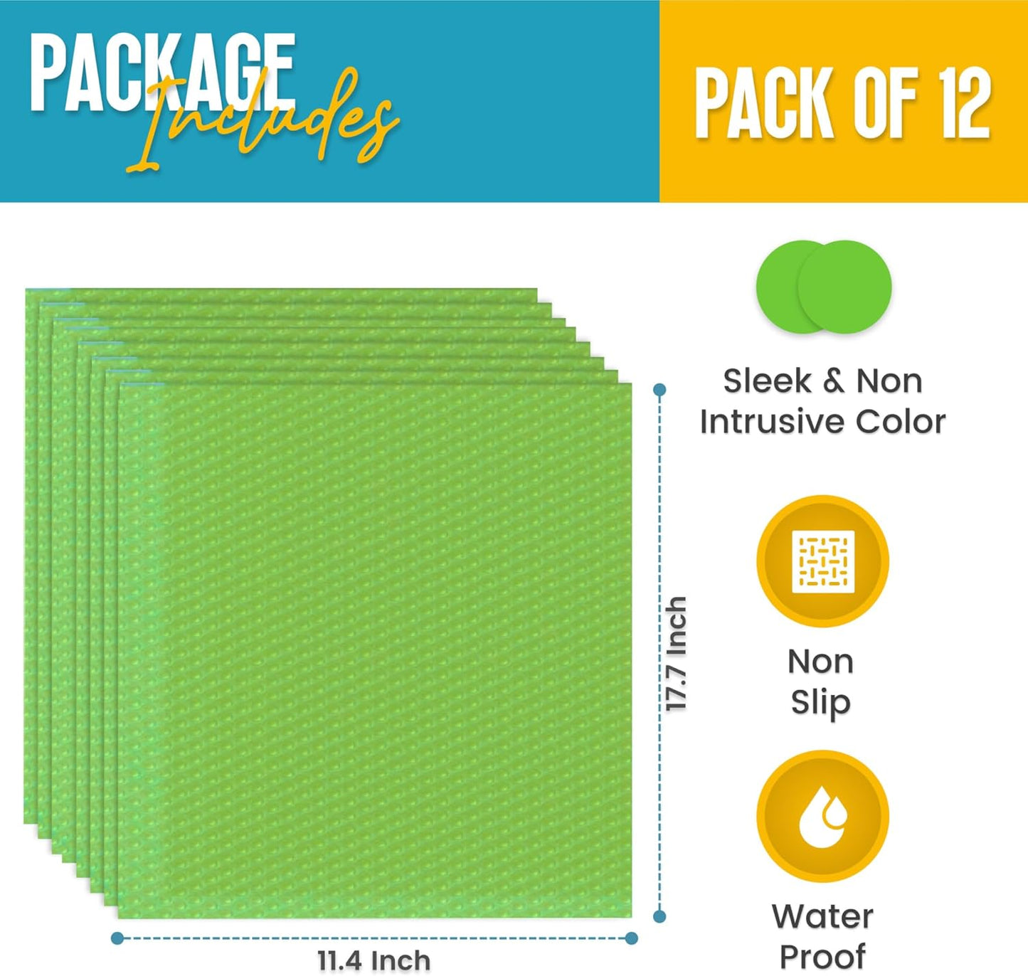 Refrigerator Liners for Shelves (12 Pack) by Linda’s Essentials - Non-Adhesive Shelf or Drawer Liner, BPA-Free Fridge Mats for Kitchen & Cabinets, Easy to Clean, Ideal Household Essentials (Green)