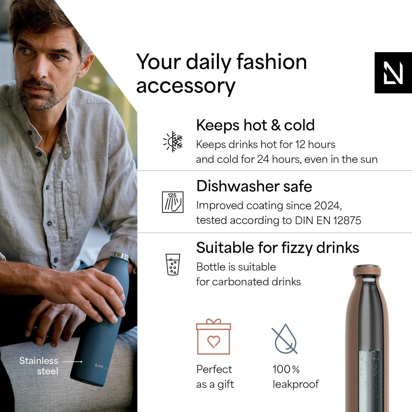 LARS NYSØM Stainless Steel Insulated Water Bottle 12oz 17oz 25oz 34oz 51oz | Insulated Thermo Flask for Hot and Cold Beverages | Leakproof Drinking Bottle (Mocha Brown, 25.4oz)