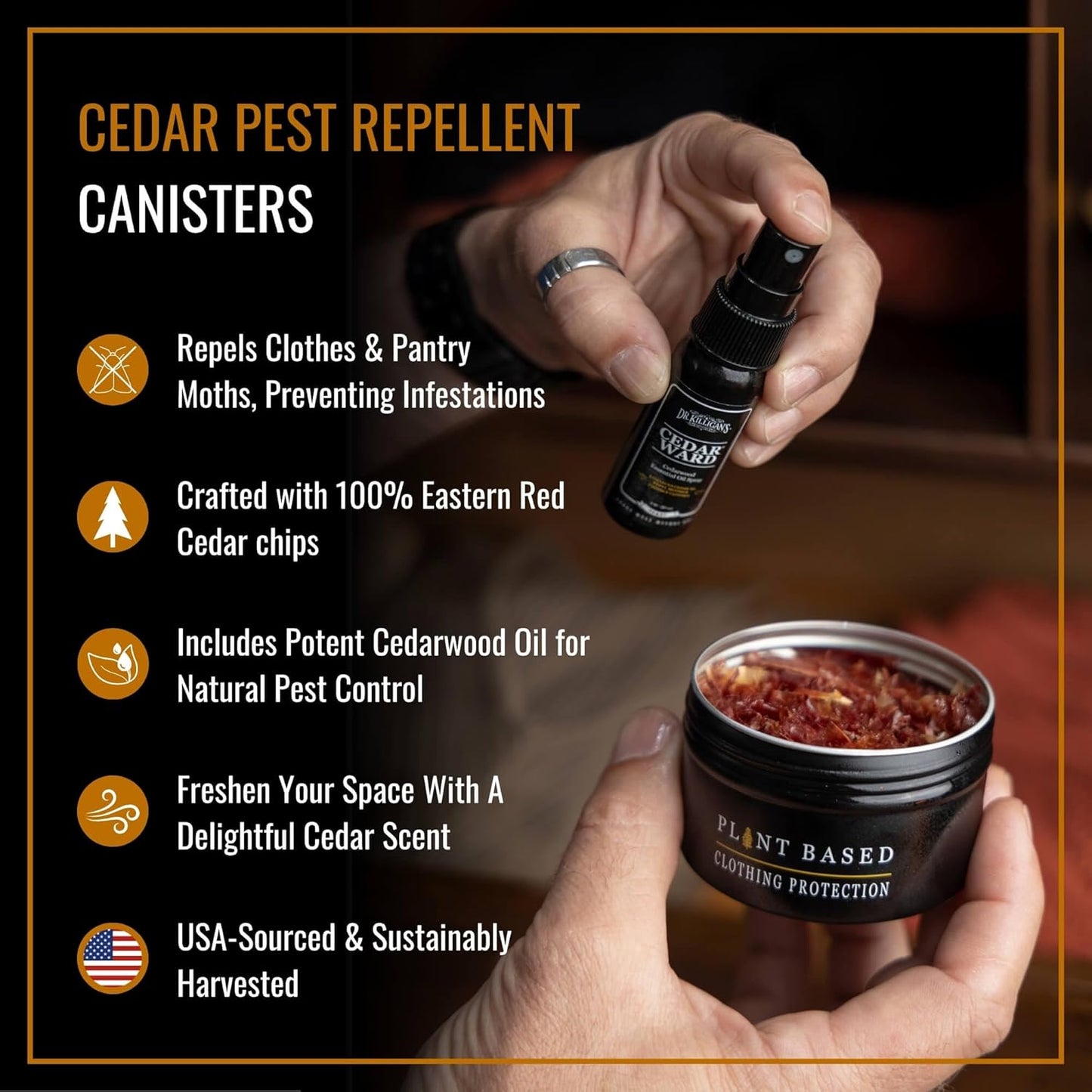 Dr. Killigan's Cedarwood Chip Canisters - Moth Repellent for Closets, Cedar Blocks for Clothes Storage, Drawer Deodorizers, 6 Reusable Tins with Wood Shavings