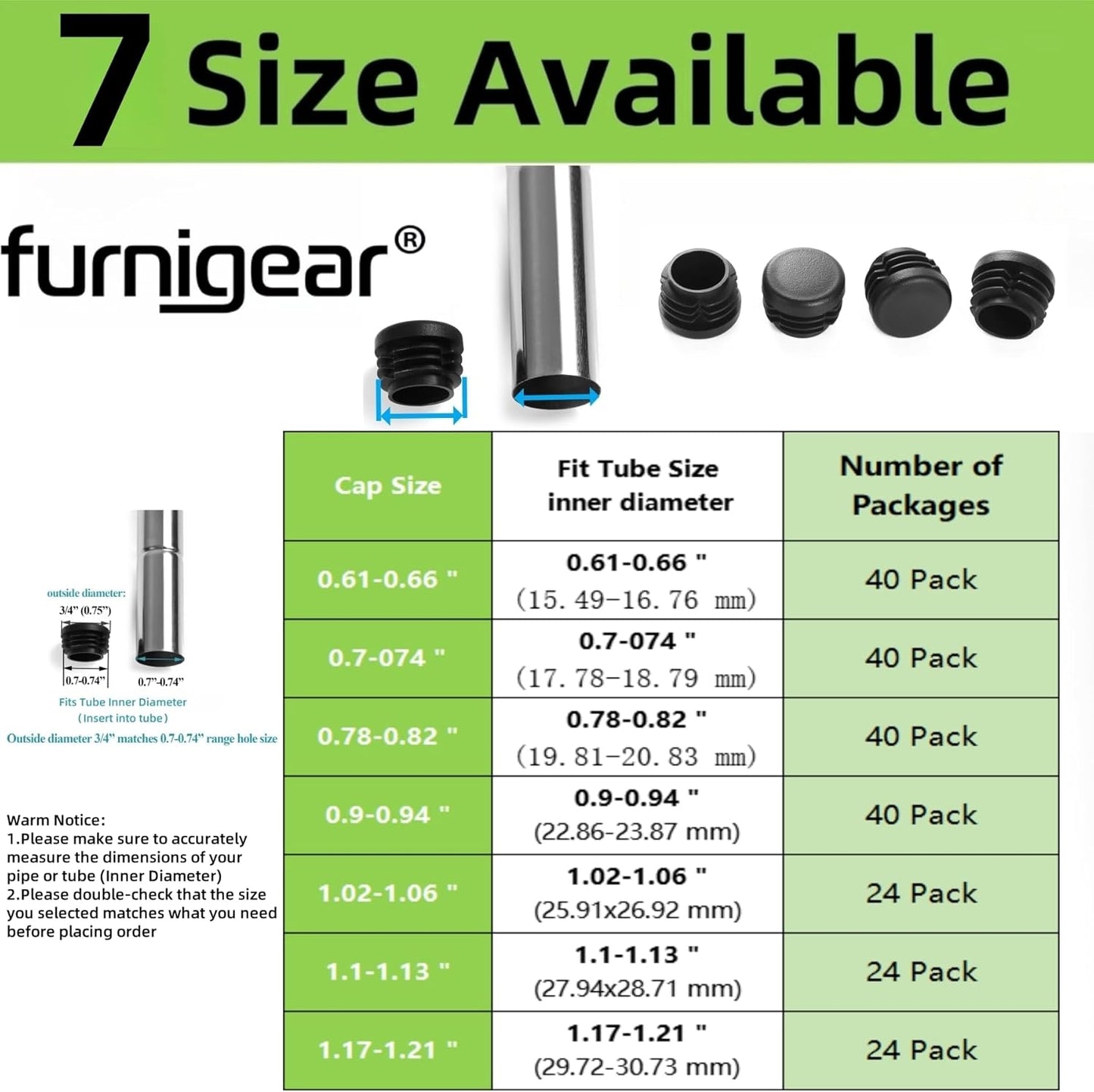 Plastic Plugs Tubing End Caps Chair End Caps Furnigear 3/4" Outside Bottom Round Tubing Caps Black Furniture Sliders Glides (Fit 0.7-074" Tube Inner Diameter, 40pack)