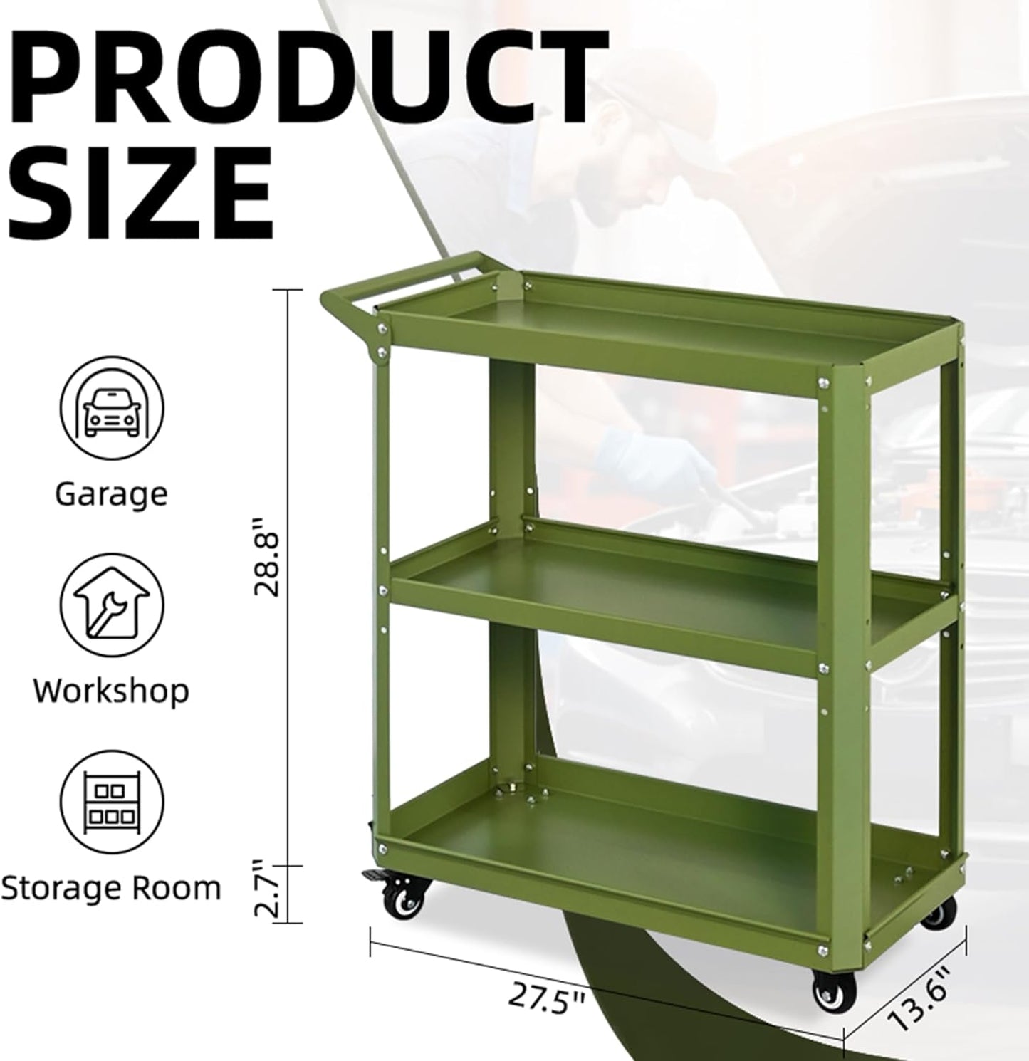 3 Tier Rolling Tool Cart with Lockable Silent Wheels, 330 LBS Capacity, Metal Service Cart for Home, Garage, Warehouse, Workshop