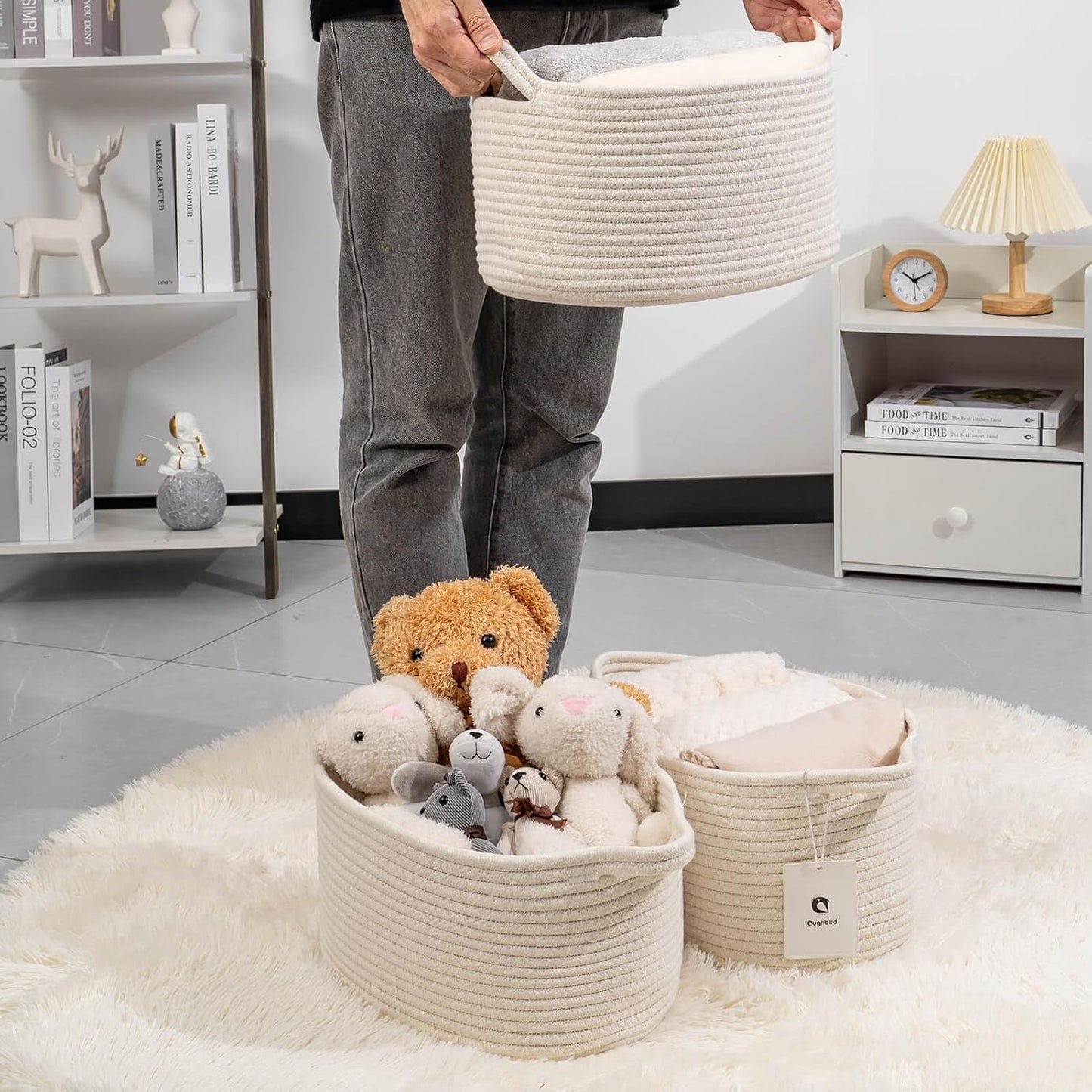 Medium and Large Woven Basket//With Handle, Used for Toys and Fabric Storage Basket used for Storing xl Storage Box, Decorative Storage Box Room 2pack (13L*9W*7H White, L13×W9×H7)