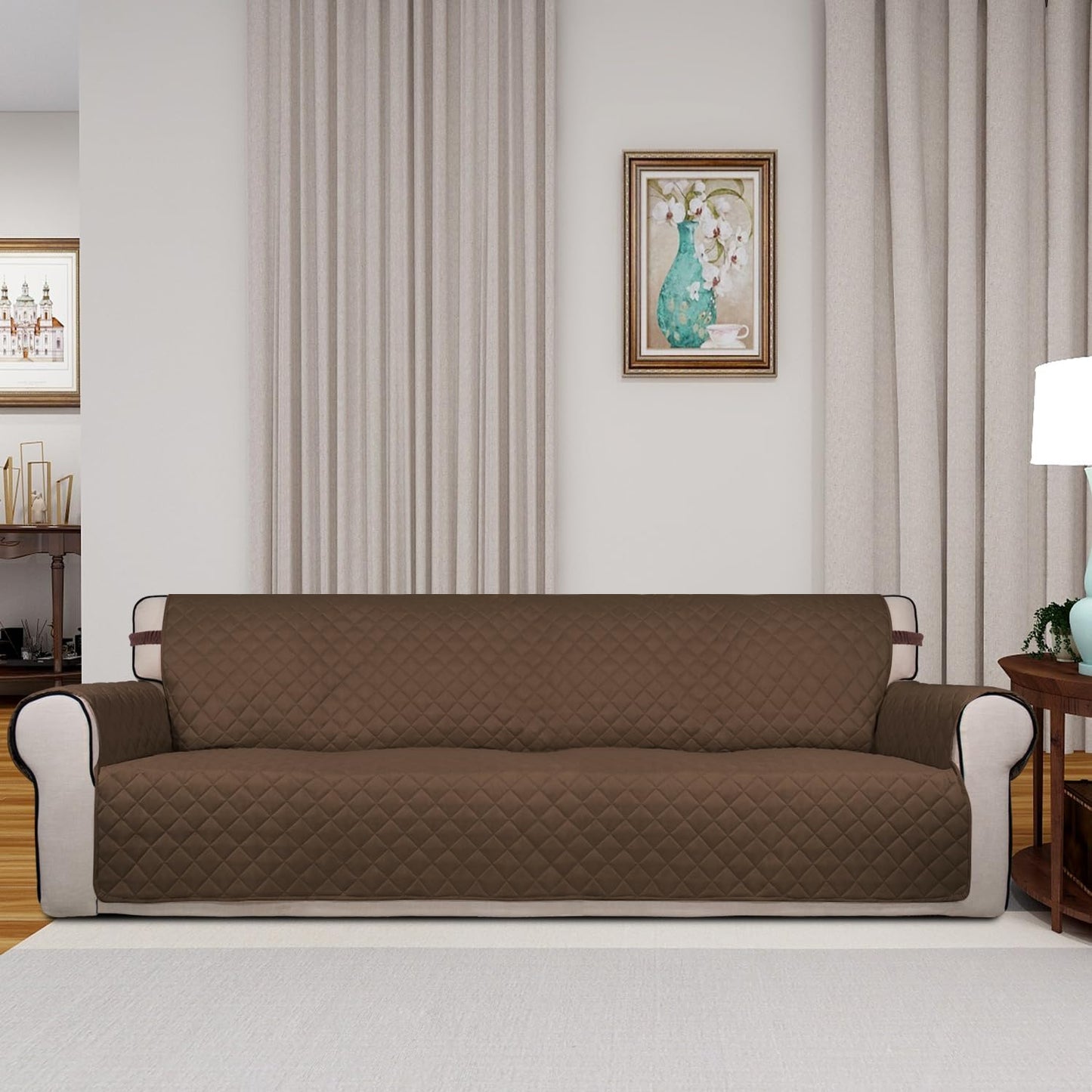 PureFit Reversible Quilted Sofa Cover, Water Resistant Slipcover Furniture Protector, Washable Couch Cover with Non Slip and Elastic Straps for Kids, Dogs, Pets (4 Seater Sofa, Coffee/Ivory)