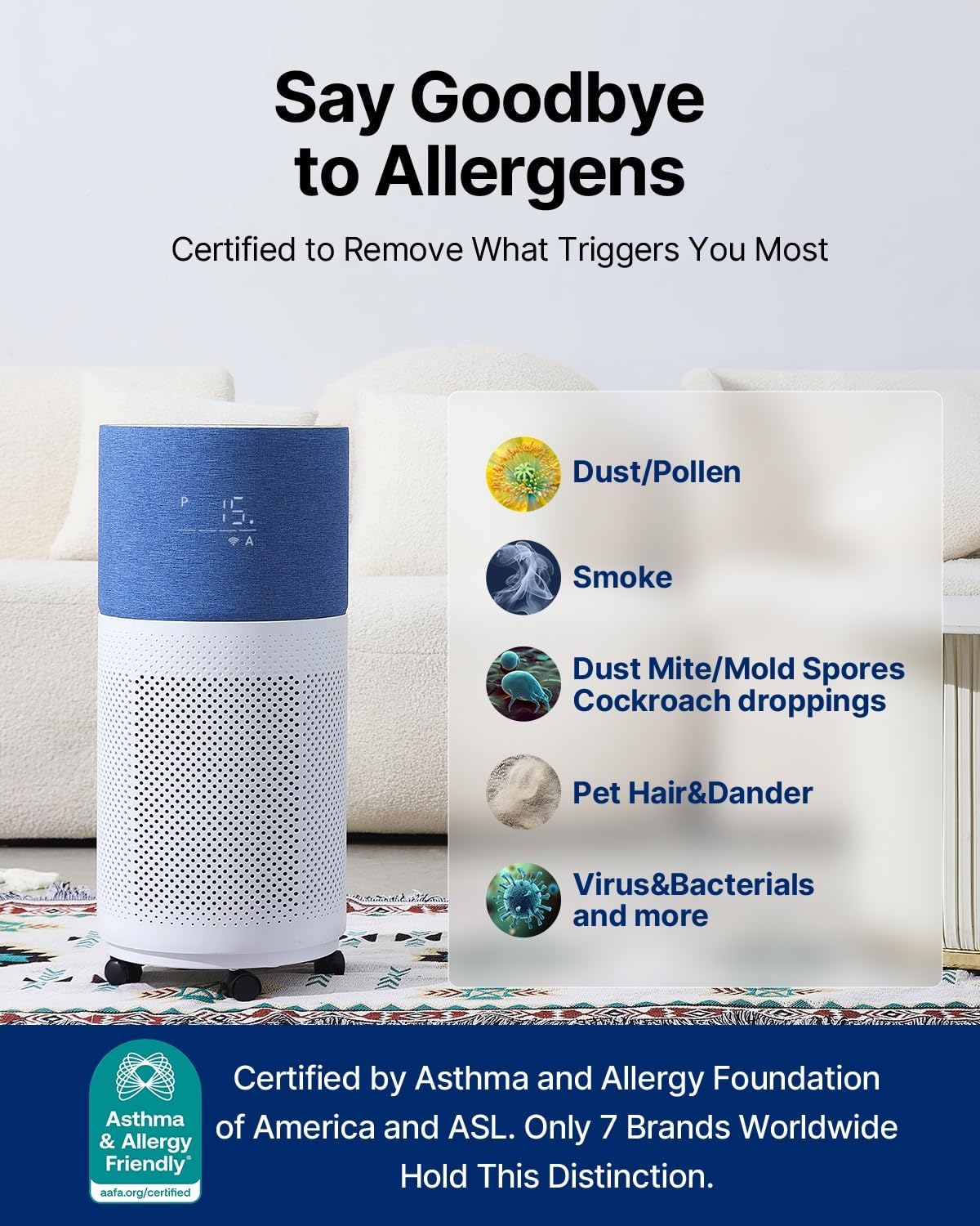 CleanForce Air Purifier for Home Large Room up to 2550 ft², Swiss Sanitized HEPA & Carbon Filter, asthma & allergy friendly Certified for Dust/Pollen/Pet Dander, Alexa/App Control, Ozone-Free, Rainbow