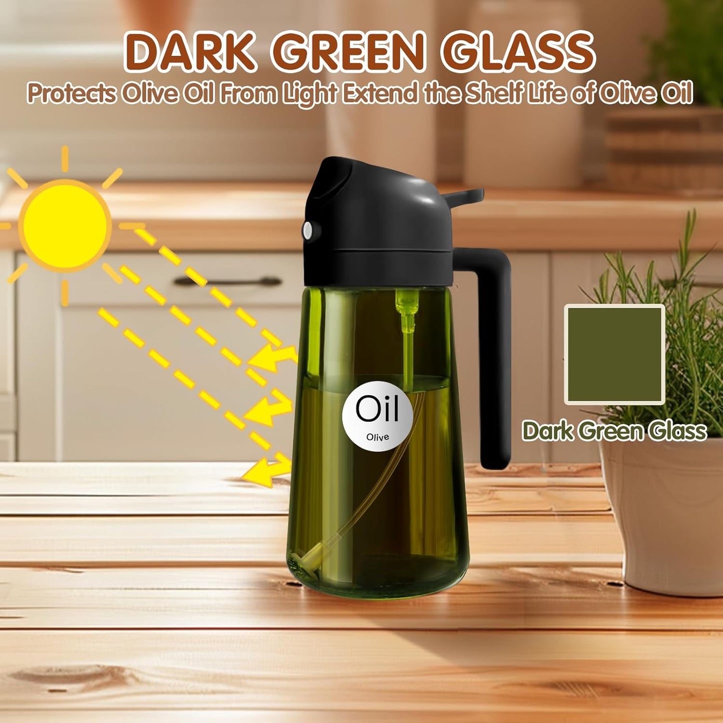 YARRAMATE 16oz/470ml 2PCS Light Blockage Dark Oil Sprayer for Cooking, 2 in 1 Olive Oil Dispenser Bottle for Kitchen, Green Glass Oil Bottle, Food-Grade Oil Mister for Air Fryer, BBQ (Black & Green)