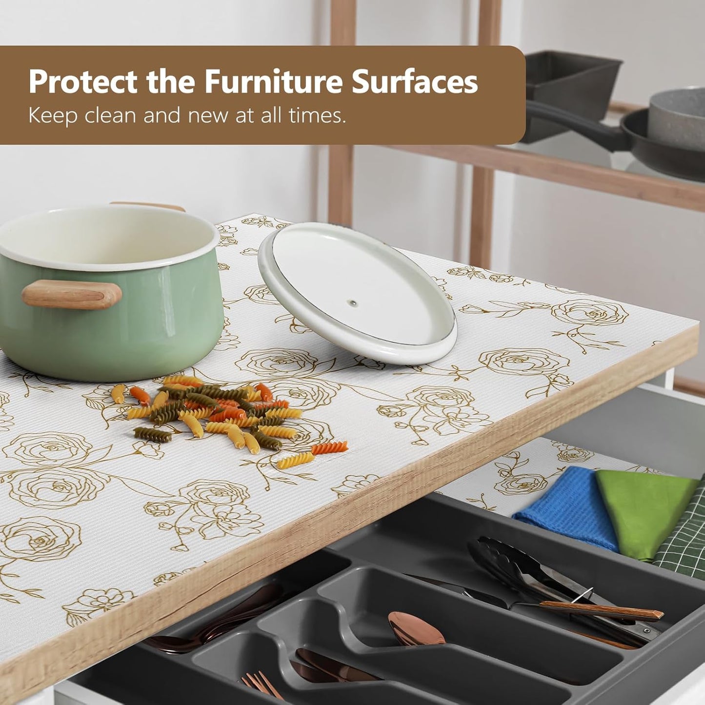 Shelf Cabinet Liner for Kitchen- Non Adhesive 17.5In x 20FT Drawer Liner Refrigerator Liner, Premium Waterproof Shelf Paper Protect Surface, Non Slip Easy to Clean Durable EVA Material, Gold Roses