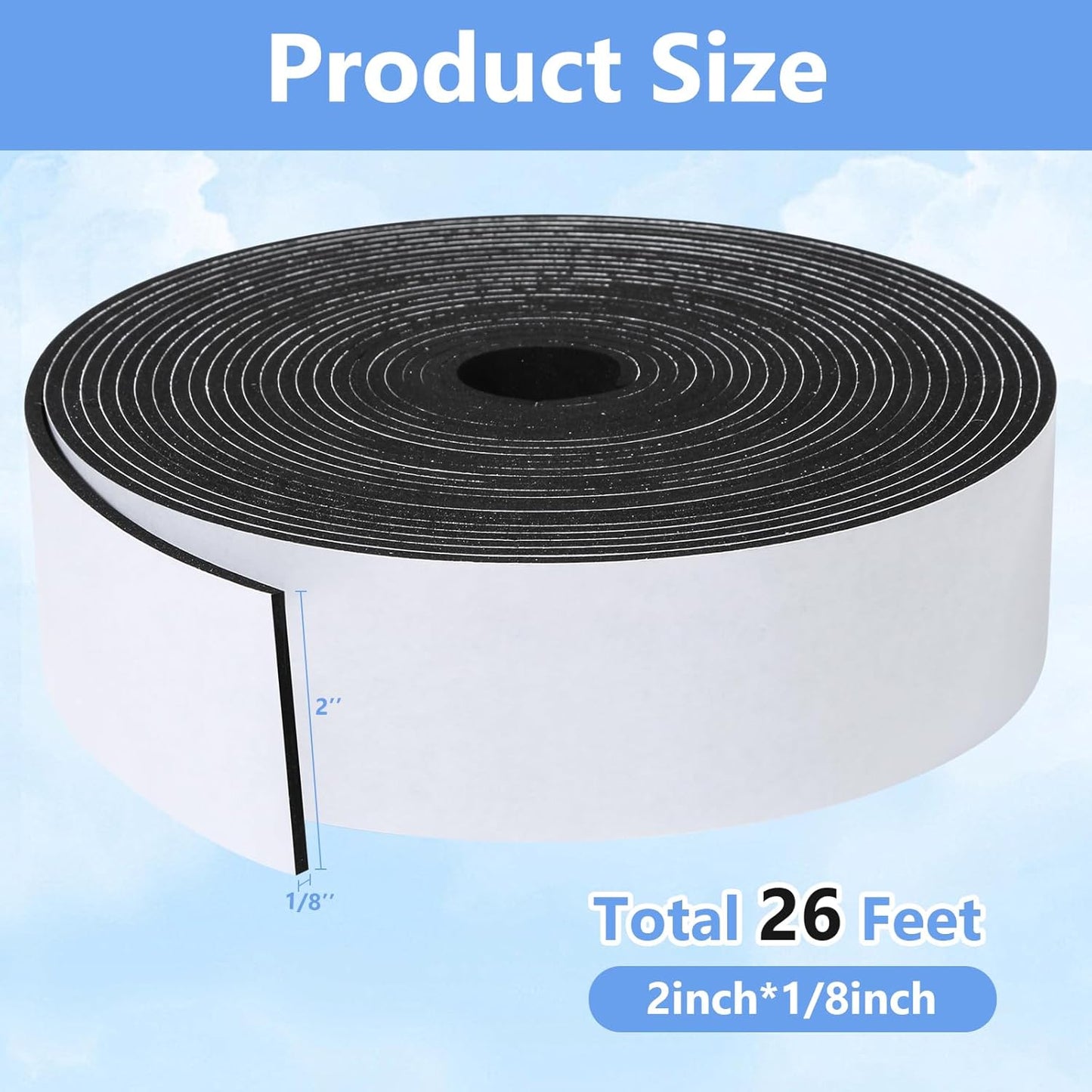 Weather Stripping Door Seal Strip- 2 Inch X 1/8 Inch X 26Feet, Strong Adhesive, Lightproof, Soundproof, Weatherproof Foam Tape Insulation for Sliding Door, Front Door Frame, Windows- Black