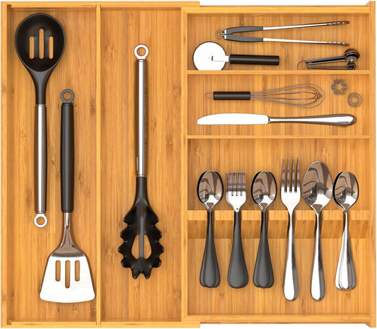 Yofidra Pure Bamboo Silverware Drawer Organizer: 16.9x18.9 Expandable Large Silverware Utensil Tray Holder, 5-Compartment with 6 Card Slots Flatware Organizer Kitchen Organizers and Storage
