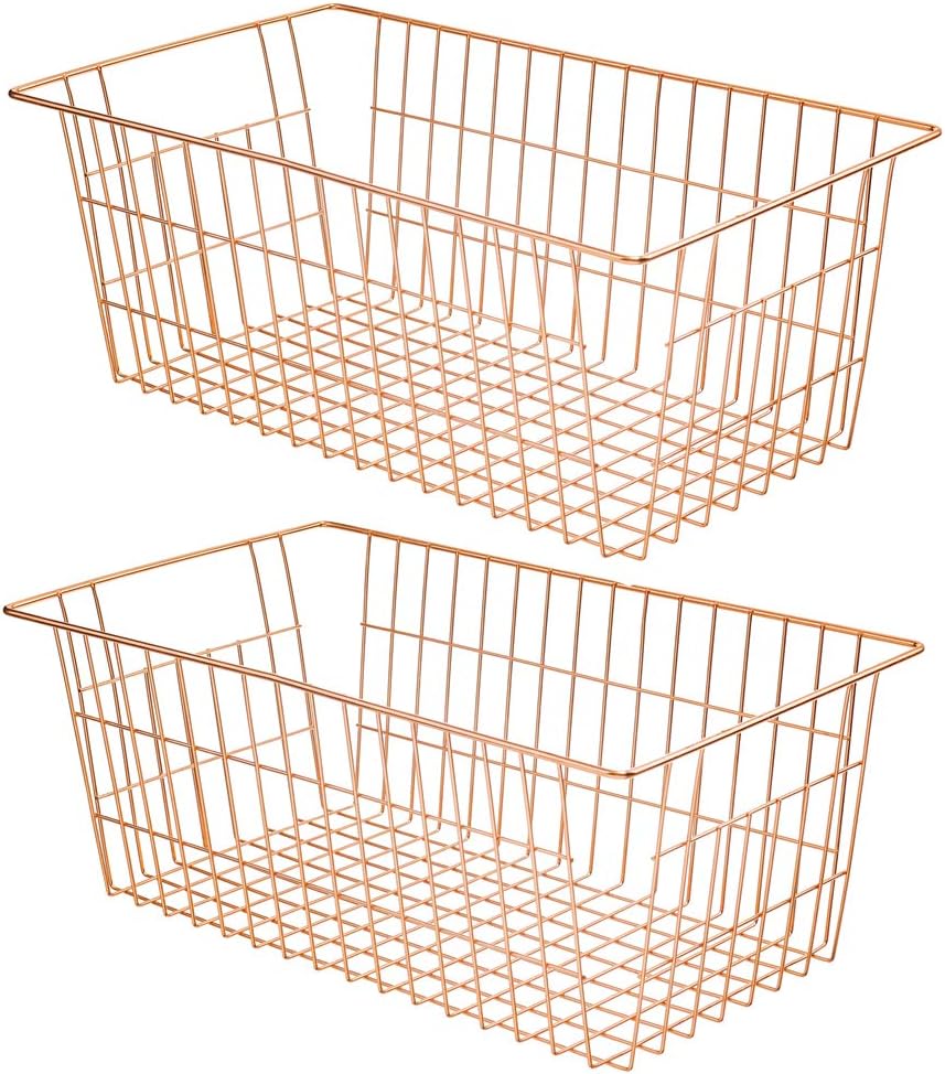 SANNO Wire Storage Basket, Farmhouse Pantre Freezer Baskets bins Metal Baskets Kitchen Storage Organizer Bin for Pantry, Shelf, Freezer, Kitchen Cabinet, Bathroom, Rose Gold