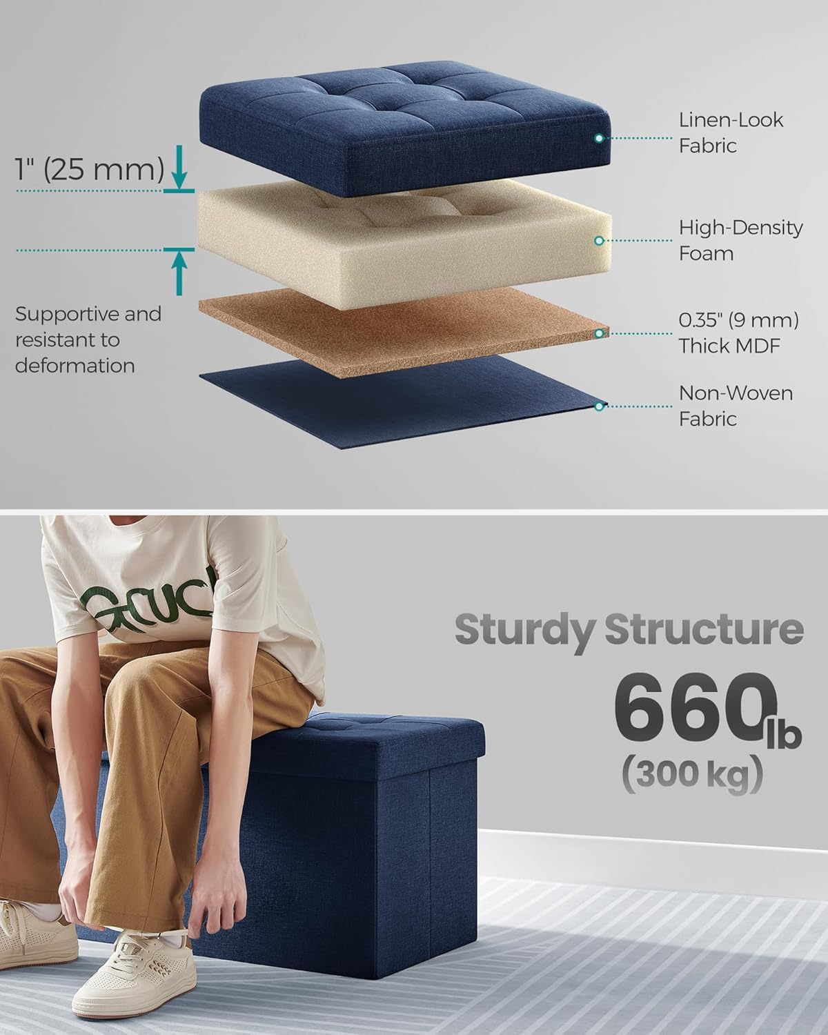 SONGMICS Mazie Collection - 30 Inches Storage Ottoman, Foldable Storage Bench with Flipping Lid, 660 lb Load Capacity, for Entryway, Living Room, Bedroom, Midnight Blue ULSF046Q02