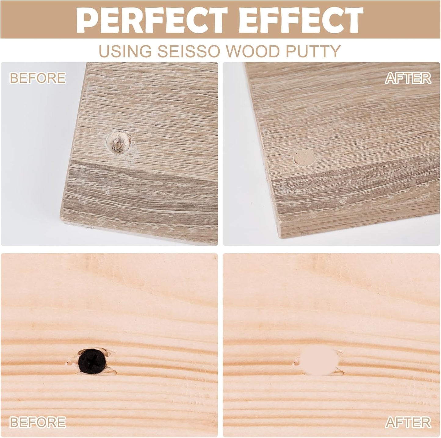 SEISSO Wood Putty, White Oak Wood Filler Paintable, Wood Putty Outdoor Waterproof, Wood Repair Putty Stainable, Wood Furniture Repair kit - Restore Wooden Table, Cabinet, Floors, Door