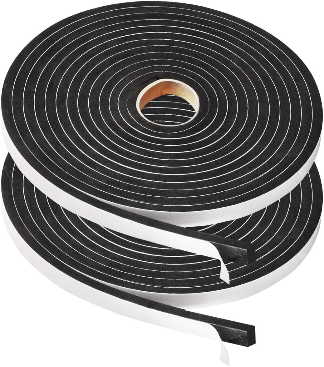 2 Rolls Foam Tape Weatheratrip for Door Window Insulation, Single Sided Foam Strips Adhesive, High Density Foam Seal Tape, Closed Cell Foam Seal Strip Tape(1/2"Wx1/4"Tx32FT, Black)