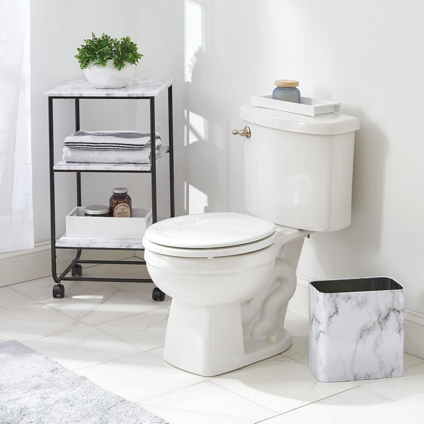 mDesign Metal Wastepaper Bin — Compact Rectangular Bathroom Bin — Rubbish Basket for Home and Office — Marble Coloured