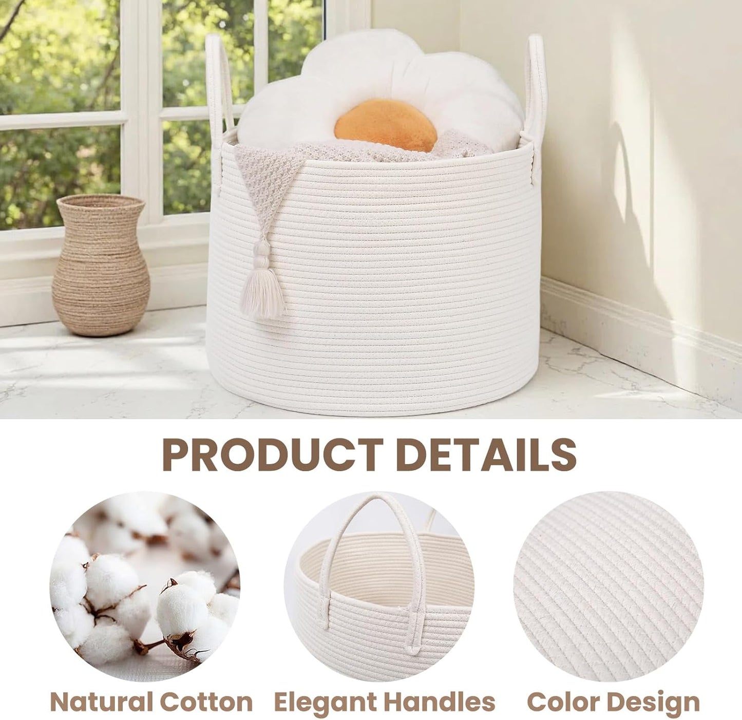 Woven Blanket Basket,115L Large Rope Storage Bin with Handles, Organizer for Blankets Toys Book and Clothes, Laundry Basket for Living Room Bedroom Nursery,White