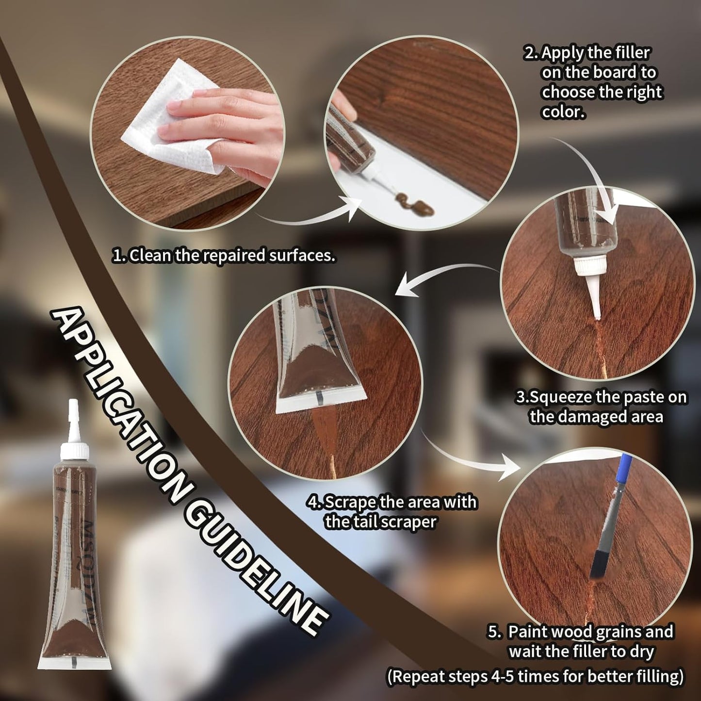 Wood Repair Kit, Wood Scratch Repair, 13Pcs Wood Filler Scratch Repair Kit for Wooden Furniture, Table, Door, Cabinet, Floor Discoloration Stain Paint, Brown