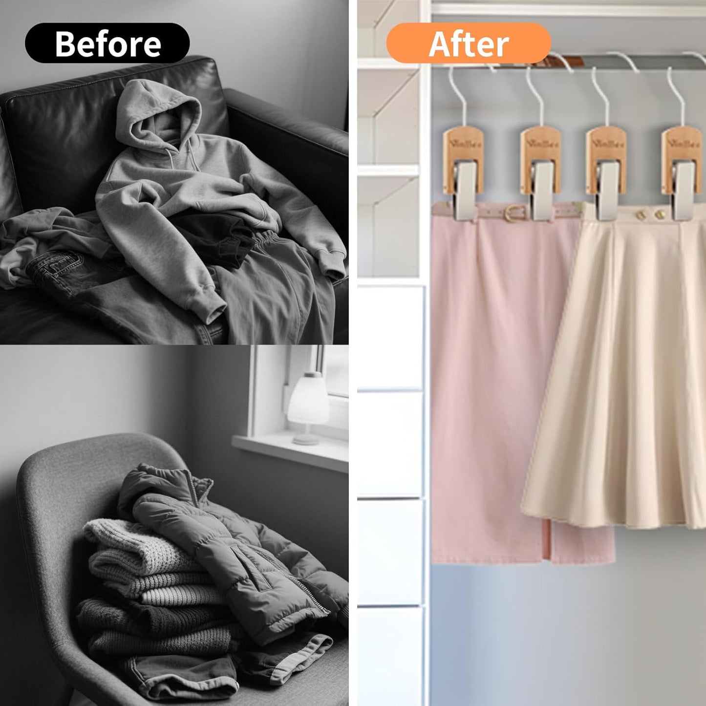 VinBee 6 PCS Hooks with Clips for Hanging,Wooden Laundry Hooks Hanging Clips Hook,Clothes Pins with Hook,Wooden Closet Organizer Clamps Clothes Clip Laundry Clip with Hook for Pants Hats Socks Gloves