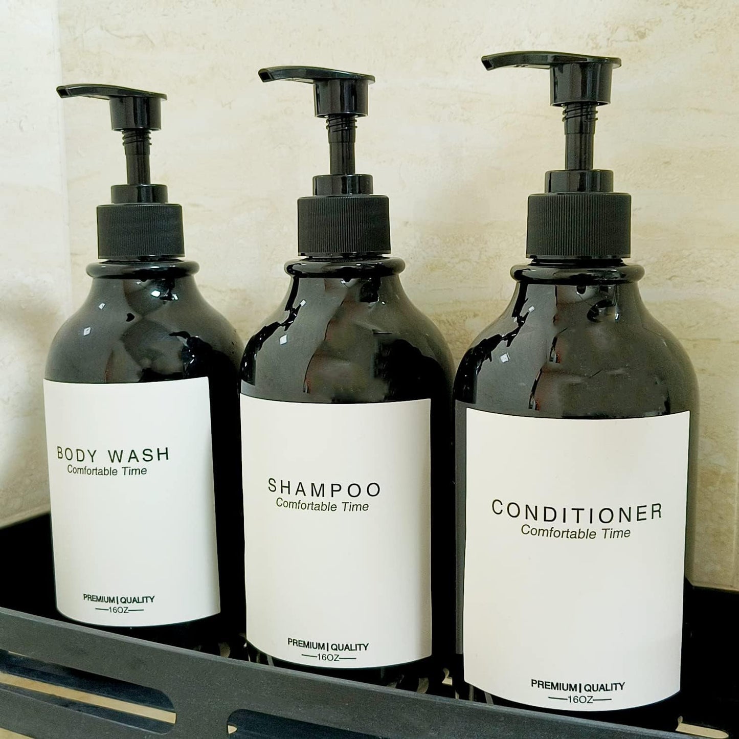 3 Pack of Shampoo and Conditioner Bottles - Apothecary Dispenser Bottle for Bathroom and Kitchen, Refillable Shampoo Bottles for Shampoo Lotion Oil Shower Soap Hand Soap and Dish Soap (Black)
