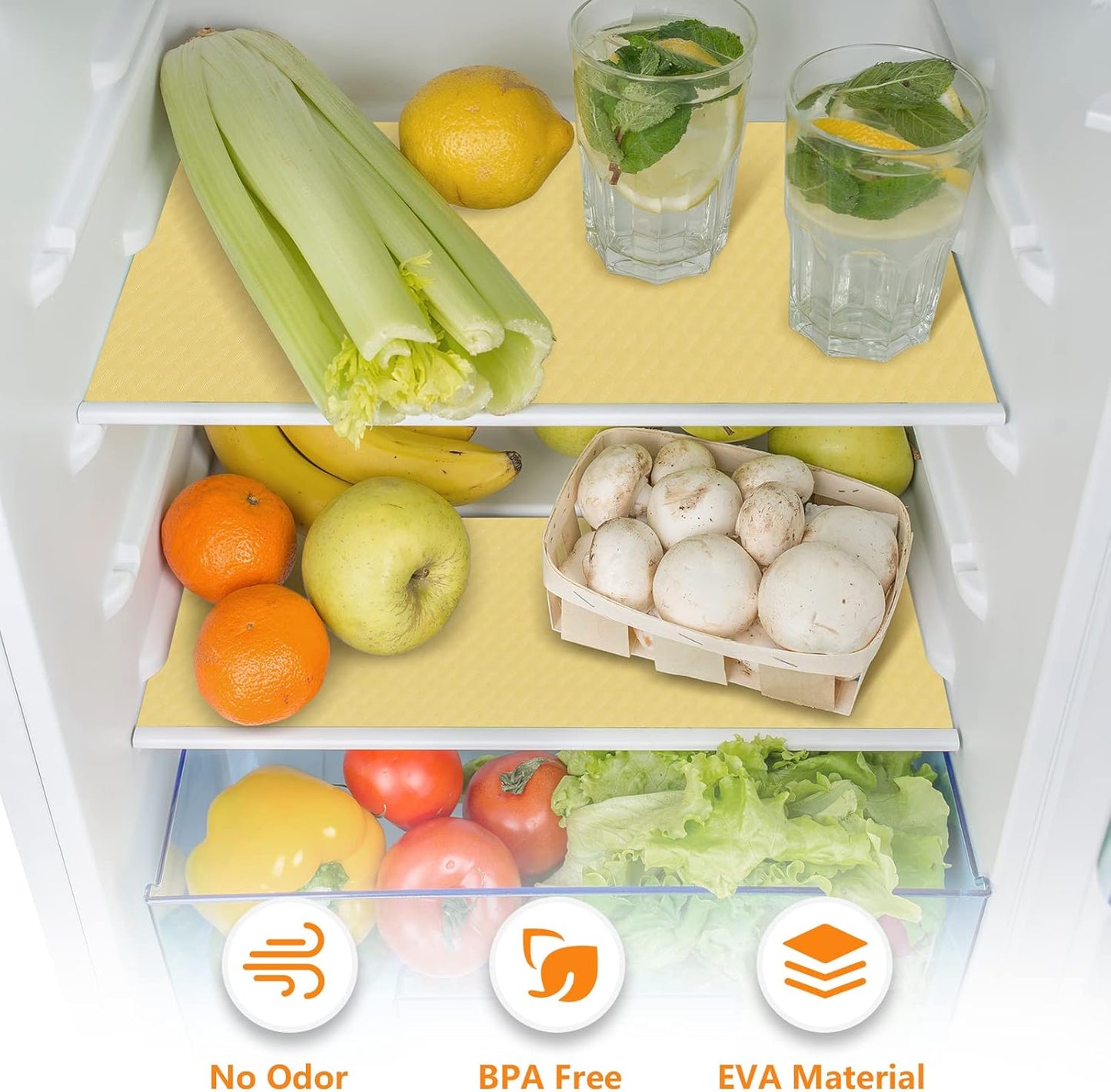 Shelf Liners for Kitchen Cabinets Refrigerator Liners Waterproof Kitchen Cupboard Liner Non Adhesive Drawer Mats EVA Material Fridge Liner for Shelves - Yellow Beige 17.5 x 393.7 Inches