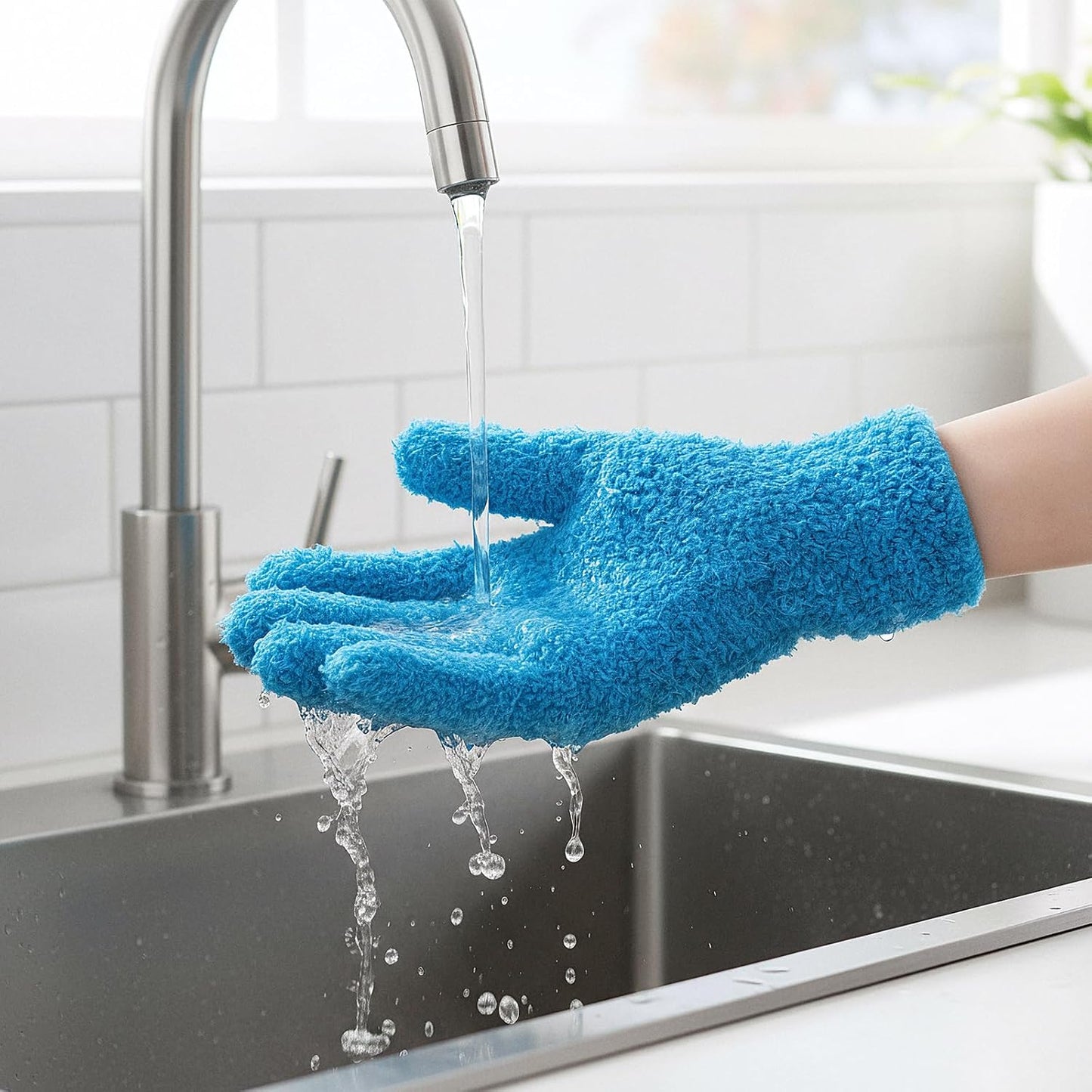2 Pairs Microfiber Gloves Household Cleaning Glove Plant Dusting Glove Washable Reusable Mittens Gloves for Plants House Cars Blinds Dusting Furniture and Small Objects (Blue)