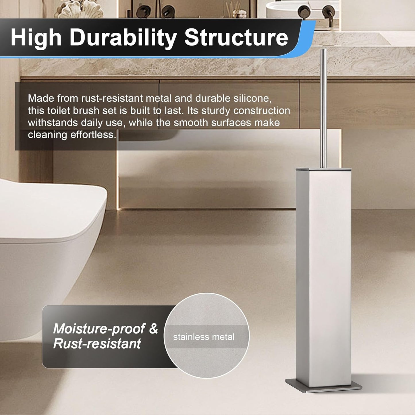 BVL Toilet Brush and Holder Set Brushed Nickel Stainless Steel 304 Square Freestanding Toilet Brush for Bathroom