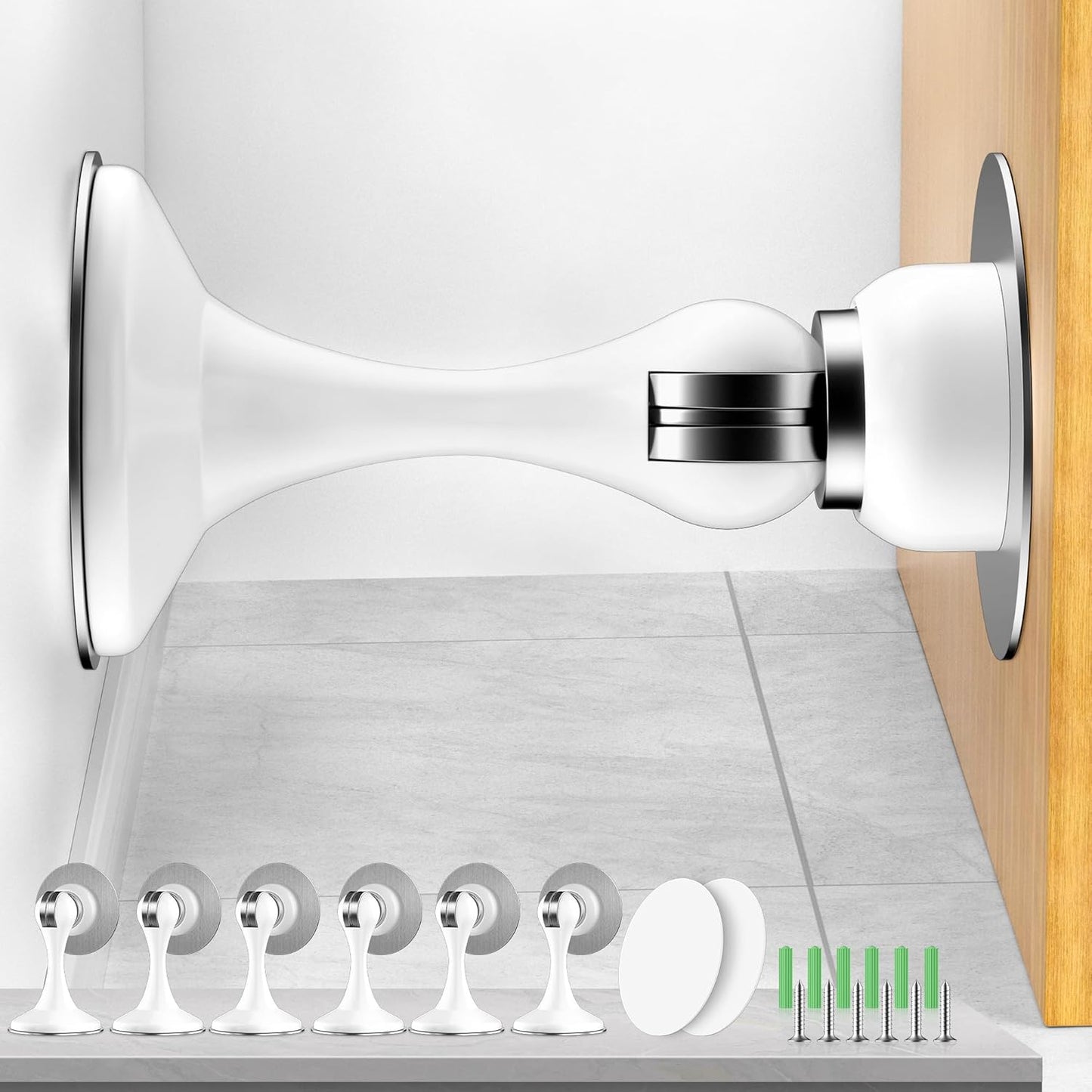 Crosize Magnetic Door Stoppers 6 Pack, Stainless Steel Door Catch for Wall and Floor Mounting, Door Holder Keep Door Open, No Drilling Door Stop with Adhesive Tapes, White